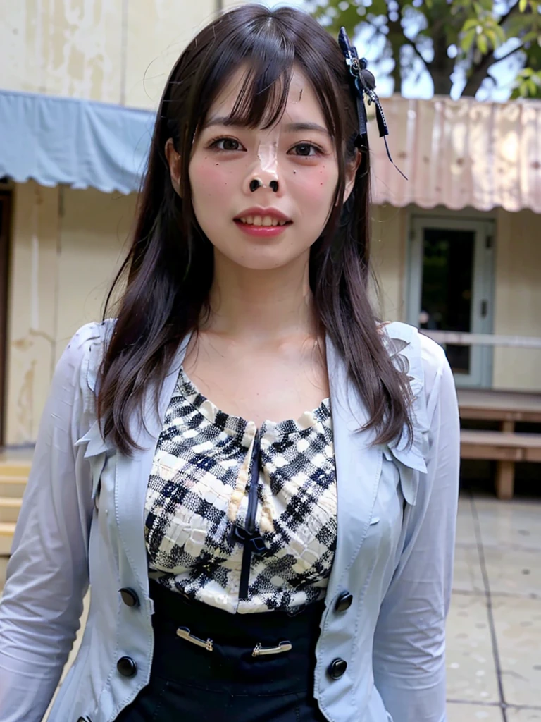 (realistic, photo realistic:1.37), incredibly absurd, (Extremely detailed:1.3), 8K, (masterpiece), (highest quality:1.4), (ultra high resolution:1.2), (RAW photo:1.2), (unity 8K wallpaper), So cute, (bishojo:1.35), (15 years:1.4), ((alice and the pirate fashion)), Beautiful dress with delicate details, ((blue rose hair accessories)), ((Laced boots)),garter stockings,A delicate and beautiful face, eyes, and skin, dense black shiny hair, (smiling and crying at the camera),Tears running down her cheeks,upward glance, (metal nose hook), Petit Trianon Garden and Farm House, See the village and lake, super detailed background, professional lighting