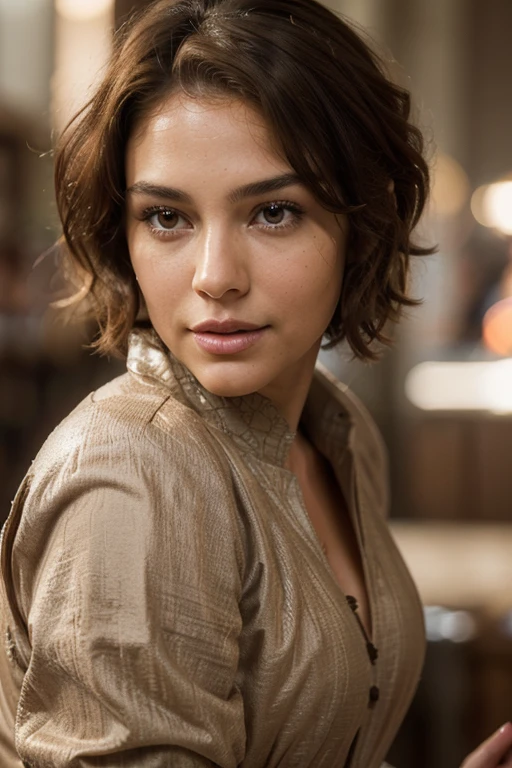 Breathtaking cinematic photo of a 30 year old girl with brown hair and brown eyes, happy, cheerful expression, closed mouth, beautiful lips, intricate details, shallow depth of field, highly detailed, high budget, epic Hollywood film,in bright sunlight, gorgeous, masterpiece, award-winning, professional, highly detailed, detailed skin texture, (blush: 0.5), (goosebumps: 0.5). (the most beautiful woman in the world) (brown hair) (short curly hair, wild hair, stylish cut) thin face, thin nose, beautiful, very beautiful, perfect face, slender body (slender), (brown hair) (brown eyes ) (white skin) Beautiful body, western face, predatory eyes, pink lips, thick thighs. full body, western beauty,westernn cloths thin nose, beautiful, perfect, ((best quality)), ((ultra resolution)), ((photorealistic: 1.4)), (intricate details), perfect face, makeup: 1.5 , clear face, facial details. front view ((uniform, agent costume))