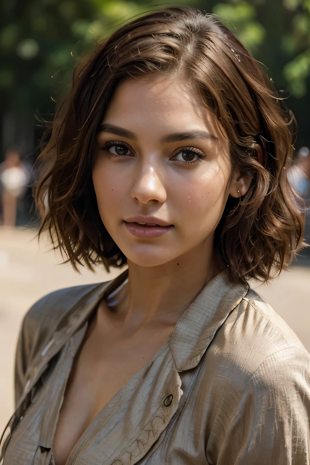 Breathtaking cinematic photo of a 30 year old girl with brown hair and brown eyes, happy, cheerful expression, closed mouth, beautiful lips, intricate details, shallow depth of field, highly detailed, high budget, epic Hollywood film,in bright sunlight, gorgeous, masterpiece, award-winning, professional, highly detailed, detailed skin texture, (blush: 0.5), (goosebumps: 0.5). (the most beautiful woman in the world) (brown hair) (short curly hair, wild hair, stylish cut) thin face, thin nose, beautiful, very beautiful, perfect face, slender body (slender), (brown hair) (brown eyes ) (white skin) Beautiful body, western face, predatory eyes, pink lips, thick thighs. full body, western beauty,westernn cloths thin nose, beautiful, perfect, ((best quality)), ((ultra resolution)), ((photorealistic: 1.4)), (intricate details), perfect face, makeup: 1.5 , clear face, facial details. front view ((uniform, agent costume))