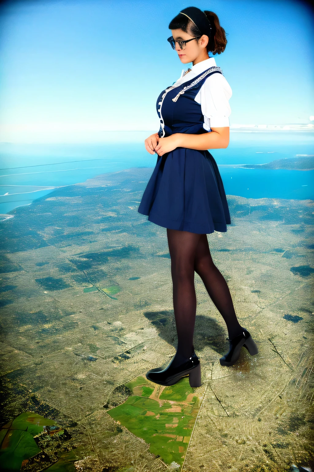 Giantの芸術, 非常に詳細なGiantショット, Giant, short hair, A maid that is much bigger than a skyscraper, wearing rimless glasses, big breasts, big ass, navy maid uniform, black pantyhose, black shoes, very small metropolis, miniature metropolis, full body description, GTS, ギガGiant, Stomping City, crash city, Small town, micro city, maid,
