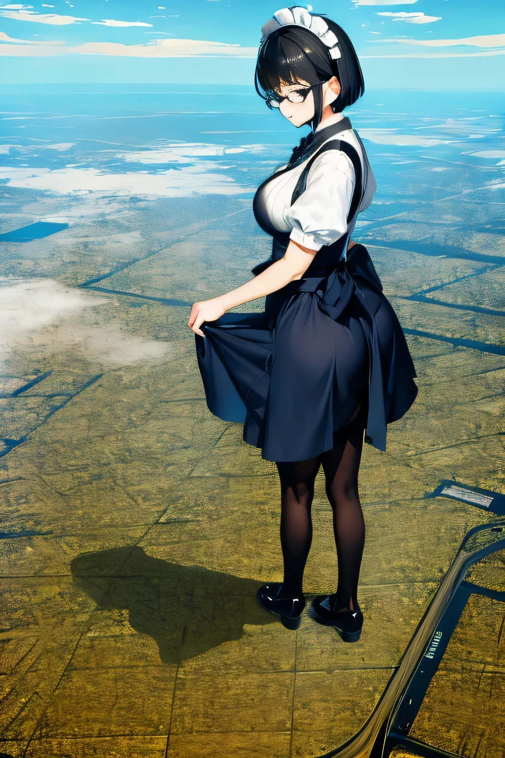 Giantの芸術, 非常に詳細なGiantショット, Giant, short hair, black pantyhose, A maid that is much bigger than a skyscraper, wearing rimless glasses, big breasts, big ass, navy maid uniform, black pantyhose, black shoes, very small metropolis, miniature metropolis, full body description, GTS, ギガGiant, Stomping City, crash city, Small town, micro city, maid,