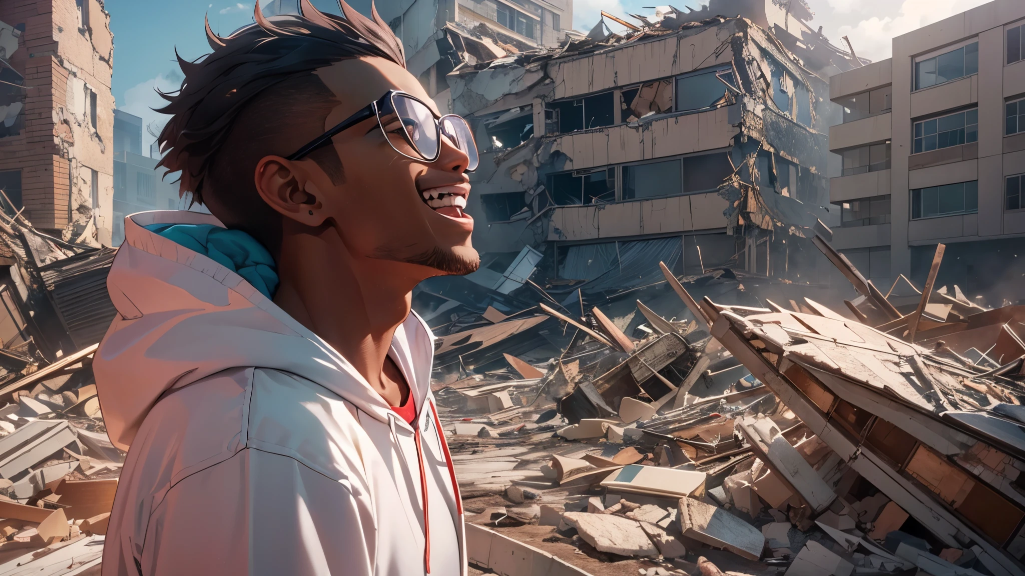 Capture the breathtaking moment as a young, dark-skinned man wearing glasses, dressed in a crisp white windbreaker hoodie, has a evil laugh, open mouth, sharp anime teeth, intense eyes while inspecting the remains of a building turned to rubble by an explosion. This RAW masterpiece showcases an ultra-high resolution, photorealistic full-body portrait, illuminated by the warm glow of sunlight. The scene is rendered in the captivating style of mecha sci-fi anime, boasting an impressive 8K resolution for the best quality imagery. Crafted with Unreal Engine 1.4, this piece features ultra-realistic 64K CG, skin texture at 1.4, and volumetric fog to add depth and atmosphere. The details are further enhanced with 8K UHD, DSLR quality, film grain, and the artistic touch of lomography. The result is a stunning blend of high-quality visuals, translucent effects, and photorealism that truly captivates the viewer.