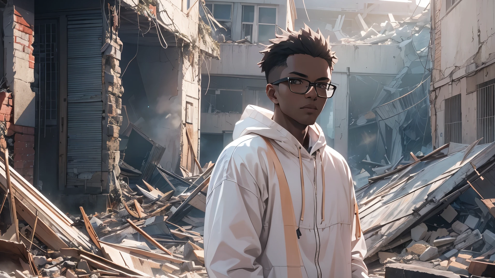 Capture the breathtaking moment as a young, dark-skinned man wearing glasses, dressed in a crisp white windbreaker hoodie, has a evil smirk, sharp anime teeth, intense eyes while inspecting the remains of a building turned to rubble by an explosion. This RAW masterpiece showcases an ultra-high resolution, photorealistic full-body portrait, illuminated by the warm glow of sunlight. The scene is rendered in the captivating style of mecha sci-fi anime, boasting an impressive 8K resolution for the best quality imagery. Crafted with Unreal Engine 1.4, this piece features ultra-realistic 64K CG, skin texture at 1.4, and volumetric fog to add depth and atmosphere. The details are further enhanced with 8K UHD, DSLR quality, film grain, and the artistic touch of lomography. The result is a stunning blend of high-quality visuals, translucent effects, and photorealism that truly captivates the viewer.