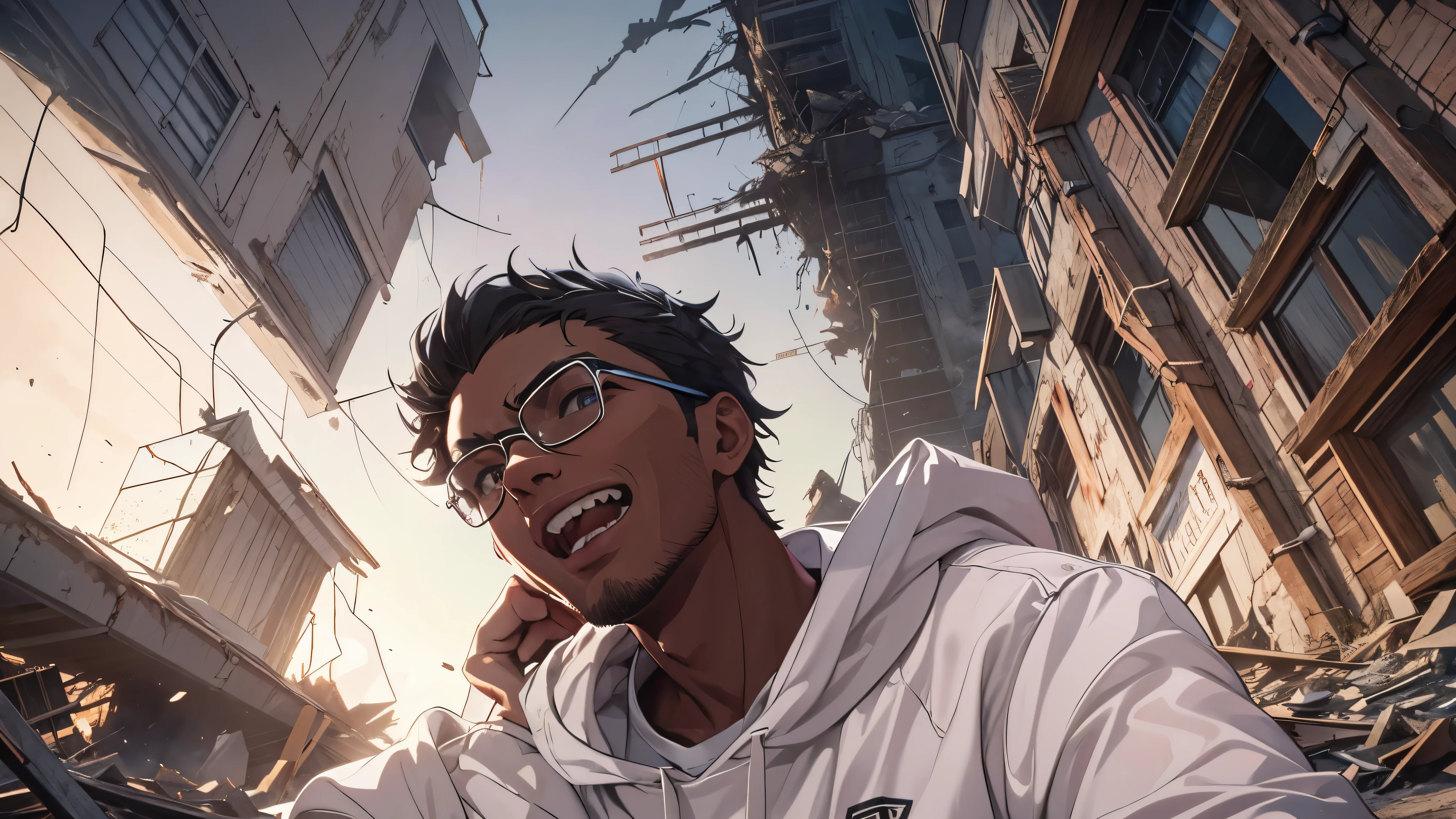 Capture the breathtaking moment as a young, dark-skinned man wearing glasses, dressed in a crisp white windbreaker hoodie, has a evil laugh, open mouth, sharp anime teeth, intense eyes while inspecting the remains of a building turned to rubble by an explosion. This RAW masterpiece showcases an ultra-high resolution, photorealistic full-body portrait, illuminated by the warm glow of sunlight. The scene is rendered in the captivating style of mecha sci-fi anime, boasting an impressive 8K resolution for the best quality imagery. Crafted with Unreal Engine 1.4, this piece features ultra-realistic 64K CG, skin texture at 1.4, and volumetric fog to add depth and atmosphere. The details are further enhanced with 8K UHD, DSLR quality, film grain, and the artistic touch of lomography. The result is a stunning blend of high-quality visuals, translucent effects, and photorealism that truly captivates the viewer.

