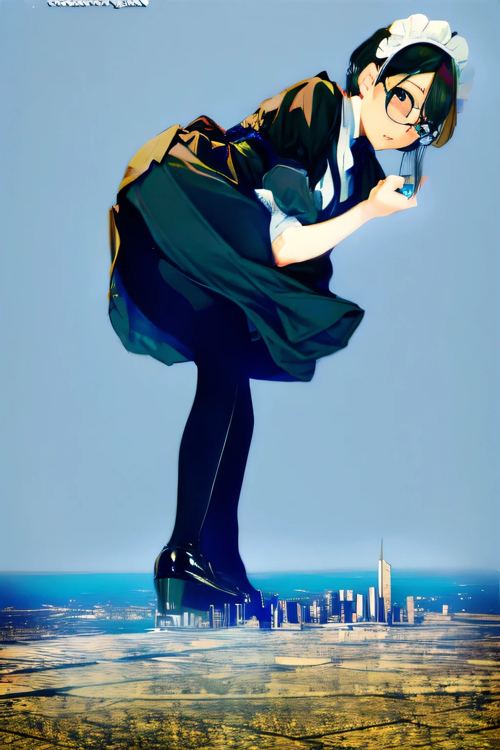 Giantの芸術, 非常に詳細なGiantショット, Giant, short hair, black pantyhose, A maid that is much bigger than a skyscraper, wearing rimless glasses, big breasts, big ass, navy maid uniform, black pantyhose, black shoes, very small metropolis, miniature metropolis, full body description, ＧＴＳ, ギガGiant, Stomping City, crash city, Small town, micro city, maid, 