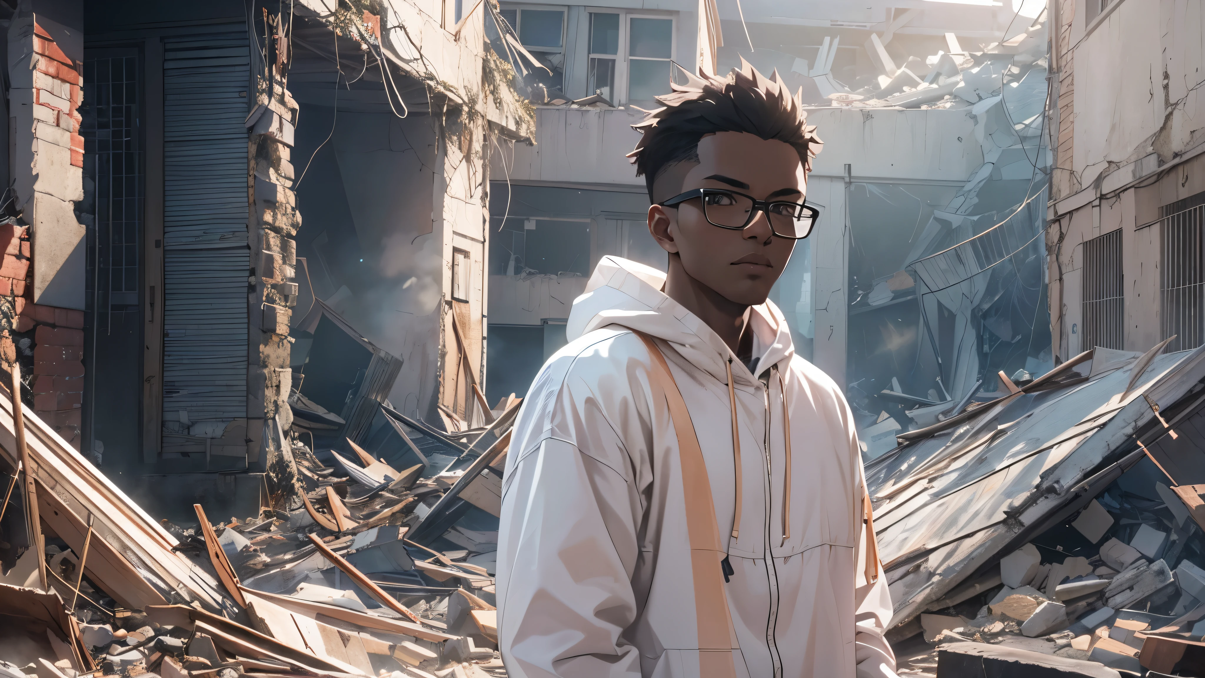 Capture the breathtaking moment as a young, dark-skinned man wearing glasses, dressed in a crisp white windbreaker hoodie, has a evil smirk, sharp anime teeth, intense eyes while inspecting the remains of a building turned to rubble by an explosion. This RAW masterpiece showcases an ultra-high resolution, photorealistic full-body portrait, illuminated by the warm glow of sunlight. The scene is rendered in the captivating style of mecha sci-fi anime, boasting an impressive 8K resolution for the best quality imagery. Crafted with Unreal Engine 1.4, this piece features ultra-realistic 64K CG, skin texture at 1.4, and volumetric fog to add depth and atmosphere. The details are further enhanced with 8K UHD, DSLR quality, film grain, and the artistic touch of lomography. The result is a stunning blend of high-quality visuals, translucent effects, and photorealism that truly captivates the viewer.
