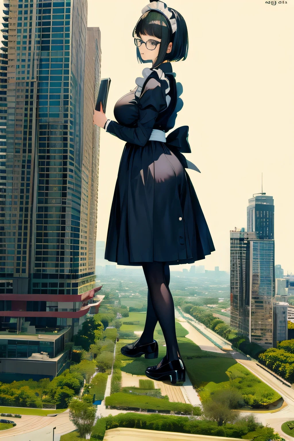 Giantの芸術, 非常に詳細なGiantショット, Giant, short hair, black pantyhose, A maid that is much bigger than a skyscraper, wearing rimless glasses, big breasts, big ass, navy maid uniform, black pantyhose, black shoes, very small metropolis, miniature metropolis, full body description, ＧＴＳ, ギガGiant, Stomping City, crash city, Small town, micro city, maid, 