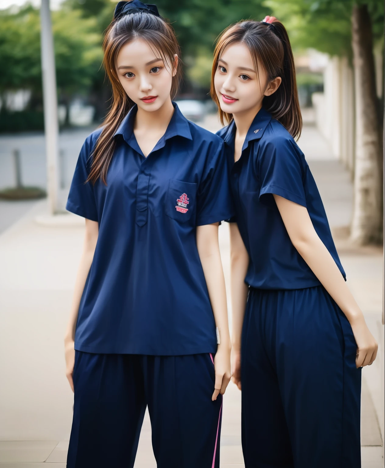 2 girls in school, Navy blue short-sleeved shirt,Navy Long Trackpant,Sweatpants, Sweatpantsขายาว,25 year old girl, lesbian, sexy, exercise clothes, wet body