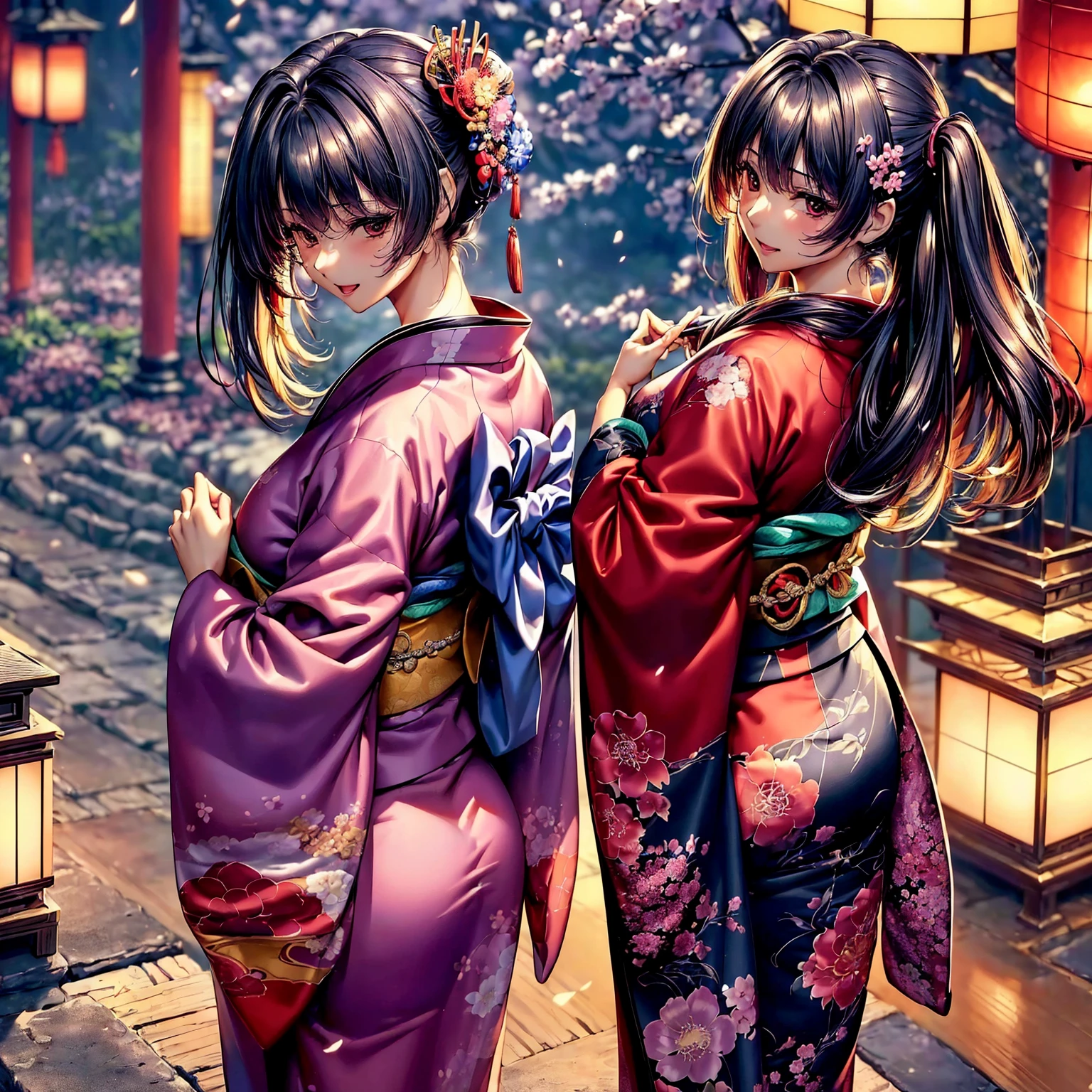 (((highest quality、masterpiece、very high resolution、ultra high resolution))),((A beautiful woman with perfect and ultimate beauty,beautiful figure:beautiful face:beautiful skin:beautiful breasts)),(Cute smile,open your mouth,),(beautiful black hair:Japanese hair,best hair quality),(beautiful breasts:F cup,Best skin quality),(((wearing a beautiful Japanese kimono:red:Purple:black color:pink color:blue,floral kimono))),(There is a sense of dynamism,The wind is blowing:Kimono and hair flowing、Japanese garden:Night cherry blossoms and lanterns、mysterious night sky、beautiful scenery)、(model pose,model shoot),(Overall image、accurate image、Detailed images、accurate anatomy、Image without defects、natural light、beautiful images、非常にDetailed images、Perfect Image 1.5)、beautiful anime woman、beautiful art style、anime character、、(best shot,RAW photo:1.2)