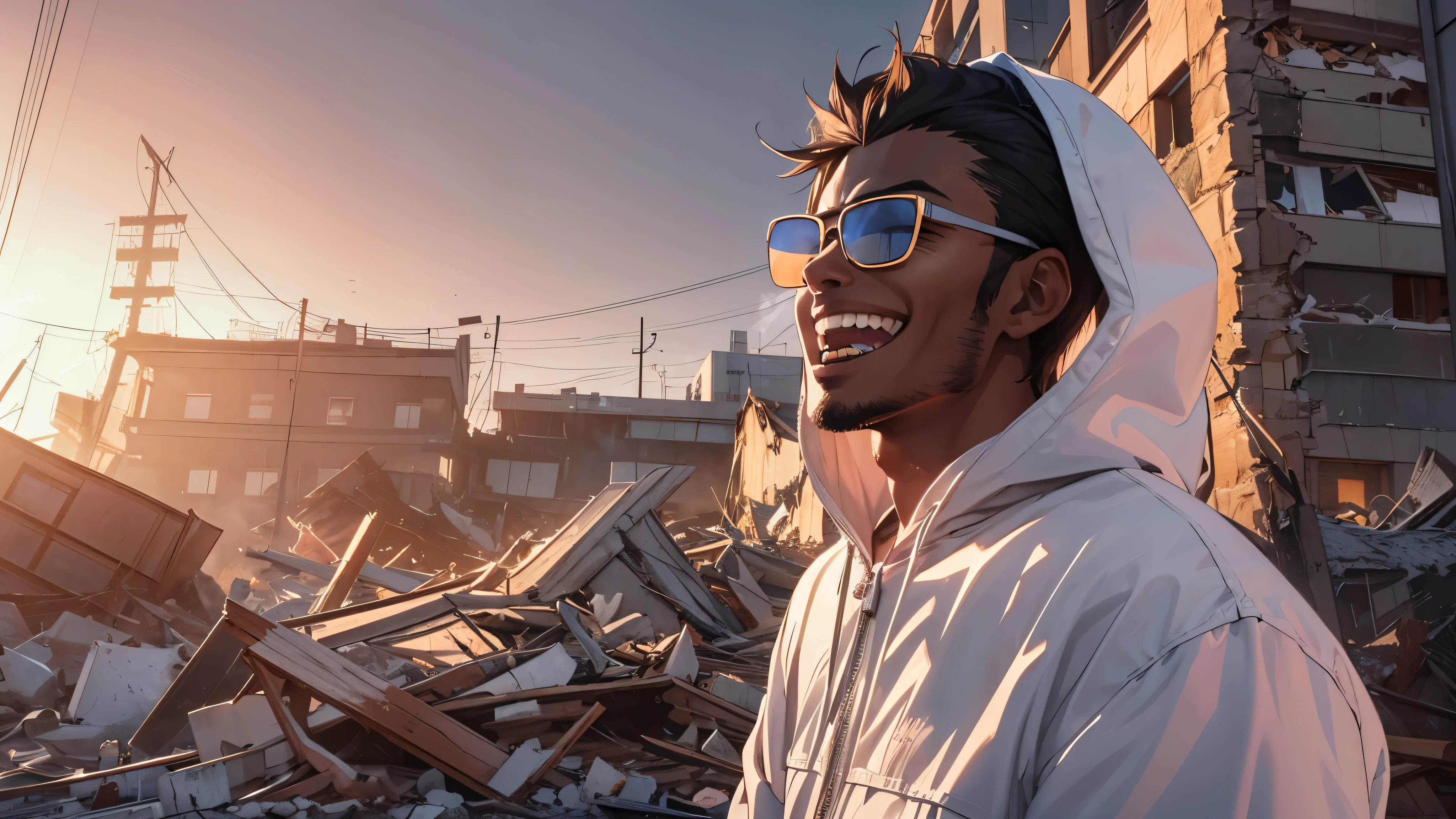 Capture the breathtaking moment as a young, dark-skinned man wearing glasses, dressed in a crisp white windbreaker hoodie, has a evil laugh, open mouth, sharp anime teeth, intense eyes while inspecting the remains of a building turned to rubble by an explosion. This RAW masterpiece showcases an ultra-high resolution, photorealistic full-body portrait, illuminated by the warm glow of sunlight. The scene is rendered in the captivating style of mecha sci-fi anime, boasting an impressive 8K resolution for the best quality imagery. Crafted with Unreal Engine 1.4, this piece features ultra-realistic 64K CG, skin texture at 1.4, and volumetric fog to add depth and atmosphere. The details are further enhanced with 8K UHD, DSLR quality, film grain, and the artistic touch of lomography. The result is a stunning blend of high-quality visuals, translucent effects, and photorealism that truly captivates the viewer.
