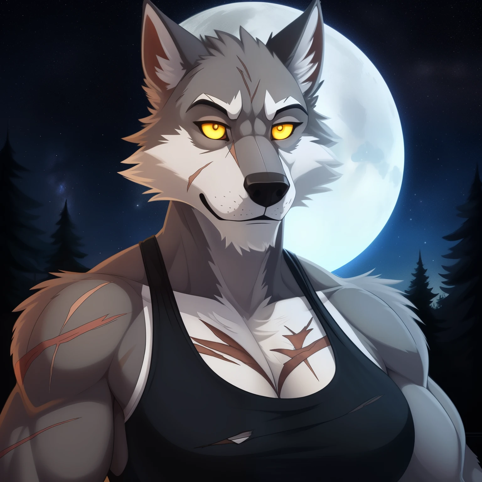 Tall_lanky_muscular_mature_wolf female gray_furry_body yellow_eyes very_fluffy misty_breath snowy_forest starry_sky solo Masterpiece best_quality absurdres highly_detailed well_drawn_eyes anthro_only by_greasymojo by_runawaystride torn_tank_top torn_shorts scars portrait