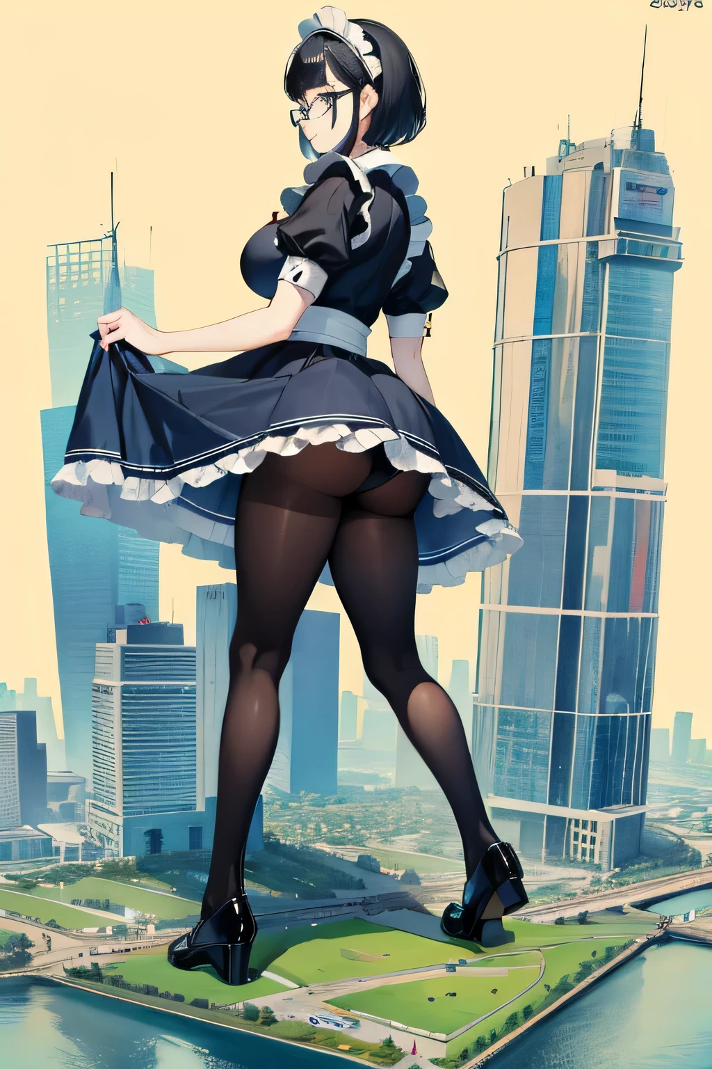 Giantの芸術, 非常に詳細なGiantショット, Giant, short hair, black pantyhose, A maid that is much bigger than a skyscraper, wearing rimless glasses, big breasts, big ass, navy maid uniform, black pantyhose, black shoes, very small metropolis, miniature metropolis, full body description, GTS, ギガGiant, Stomping City, crash city, Small town, micro city, maid,