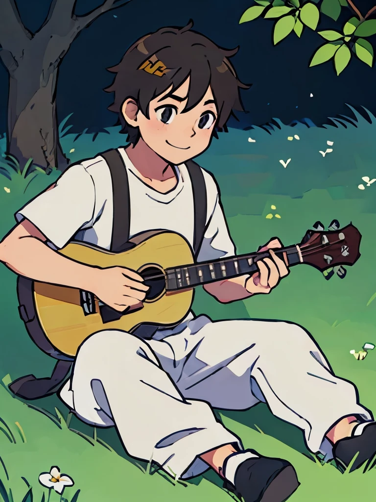 perfect anime illustration of a boy having short messy hair, sitting on grass, boy is playing ukulele, looking happy detailed picture of ukulele and hands