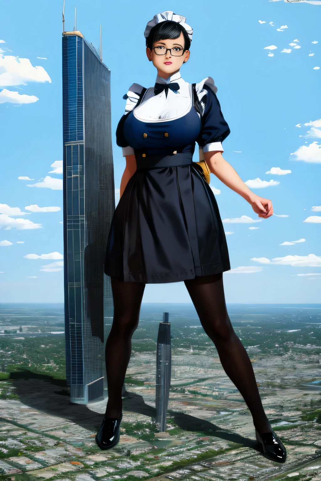 Giantの芸術, 非常に詳細なGiantショット, Giant, short hair, black pantyhose, A maid that is much bigger than a skyscraper, wearing rimless glasses, big breasts, big ass, navy maid uniform, black pantyhose, black shoes, very small metropolis, miniature metropolis, full body description, ＧＴＳ, ギガGiant, Stomping City, crash city, Small town, micro city, maid, penis_Down_skirt, 