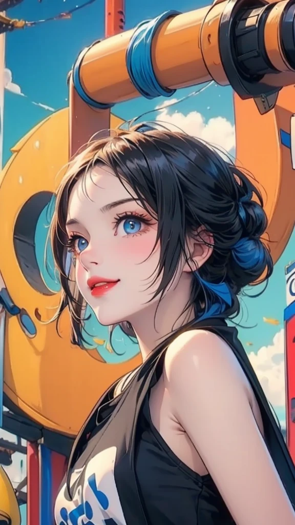 (((1 female)))、(highest resolution、clearly_image) best quality、(((Pop music)))、1990s、((multicolored background))、((illuminated))、Very detailed、semi-realistic、sky blue hair、((my hairstyle、a smile、Bangs、20 years old、young、((t-shirt))、Exquisite facial features、view from below、((delicate eyes))