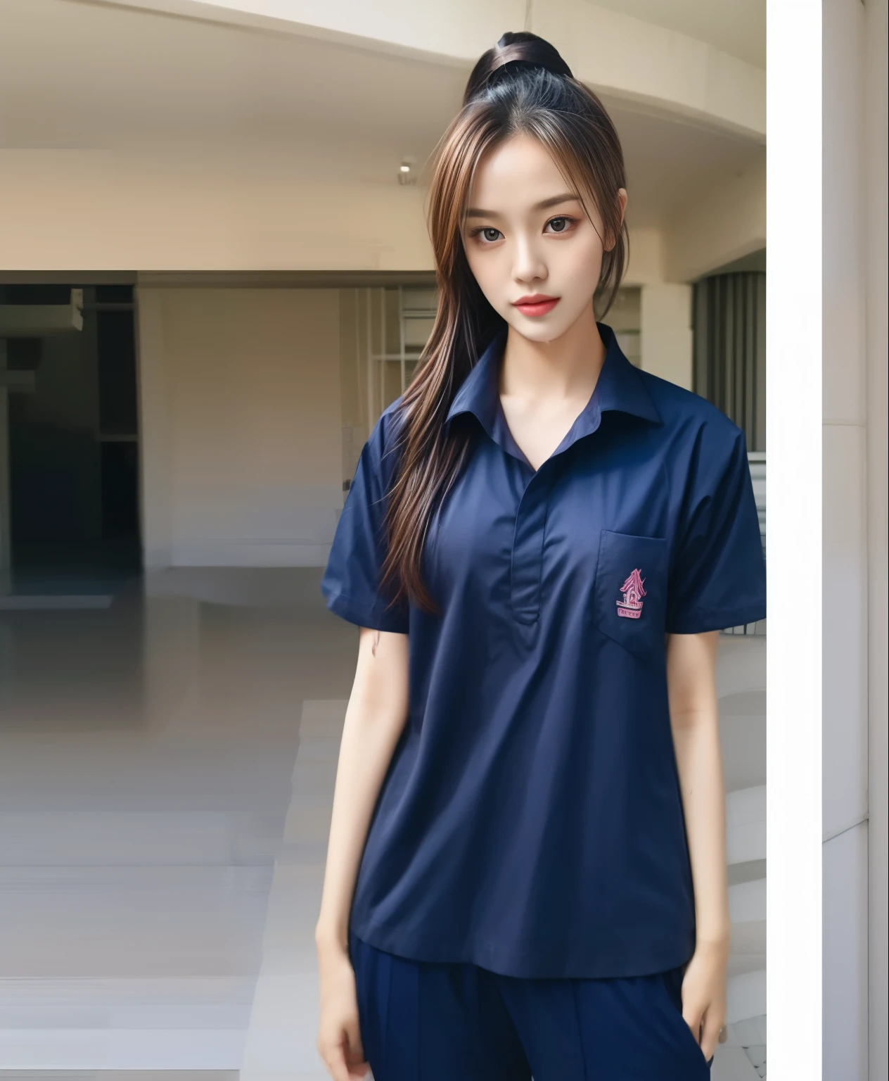 2 girls in school, Navy blue short-sleeved shirt,Navy Long Trackpant,Sweatpants, Sweatpantsขายาว,25 year old girl, lesbian, sexy, exercise clothes, wet body