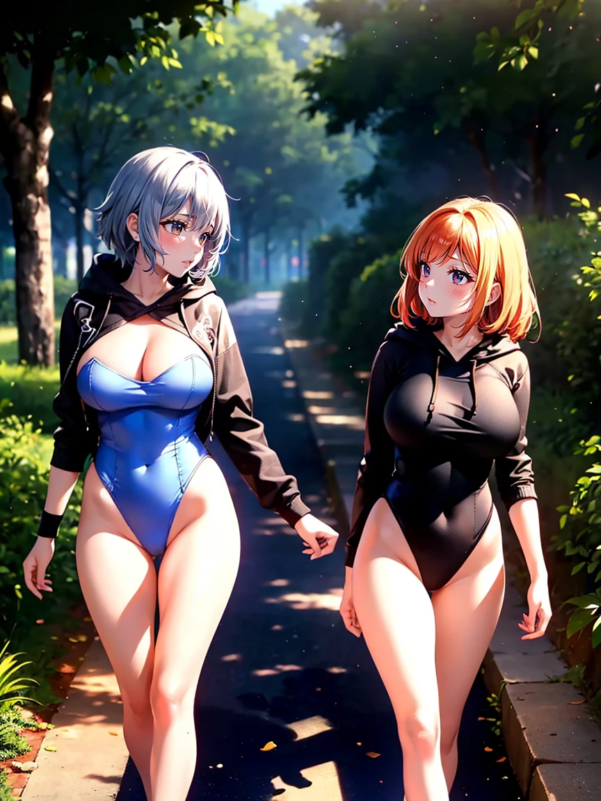 ((masterpiece)), ((highest quality)), (ultra high resolution,8K),(Ultra high fine mesh,4K), (Highly detailed CG integrated 8k wallpaper), (perfect anatomy,anatomically accurate), (Angle from above), (soft lighting, rendering), (Two cute high school girls having fun walking in the park), (profile), High-definition beauty face, (high heels), ((elegant leotard swimwear)), (Wear a gray hoodie), (Crisp double eyelids), (fascinating expression),(large breasts:1.3), (soft skin), (It's photorealistic), (glowing skin), (colorful hair), 35mm f/1.8, Captured with Sony FE GM
