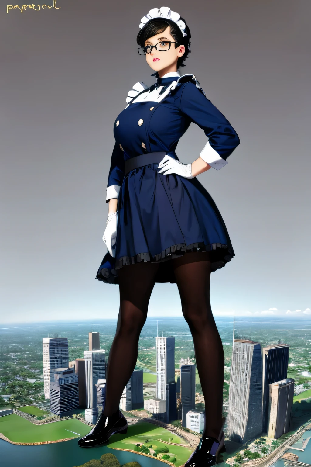 Giantの芸術, 非常に詳細なGiantショット, Giant, short hair, black pantyhose, A maid that is much bigger than a skyscraper, wearing rimless glasses, big breasts, big ass, navy maid uniform, black pantyhose, black shoes, very small metropolis, miniature metropolis, full body description, ＧＴＳ, ギガGiant, Stomping City, crash city, Small town, micro city, maid, penis_Down_skirt, 