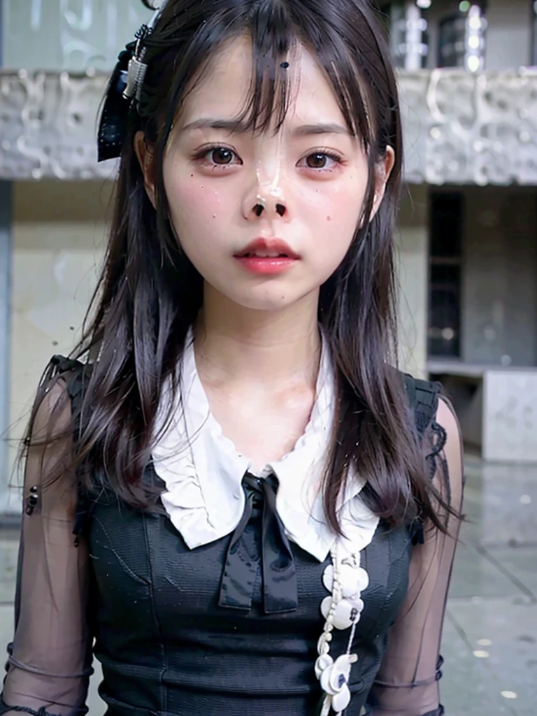 (realistic, photo realistic:1.37), incredibly absurd, (Extremely detailed:1.3), 8K, (masterpiece), (highest quality:1.4), (ultra high resolution:1.2), (RAW photo:1.2), (unity 8K wallpaper), So cute, (bishojo:1.35), (15 years old:1.4), ((alice and the pirate fashion)), (Beautiful black dress with delicate details), blue rose hair accessories, ((Laced boots)),garter stockings, A delicate and beautiful face, eyes, and skin, dense black shiny hair, (crying at the camera),((Tears running down her cheeks)),(upward glance), (metal nose hook), See the village and lake, super detailed background, professional lighting