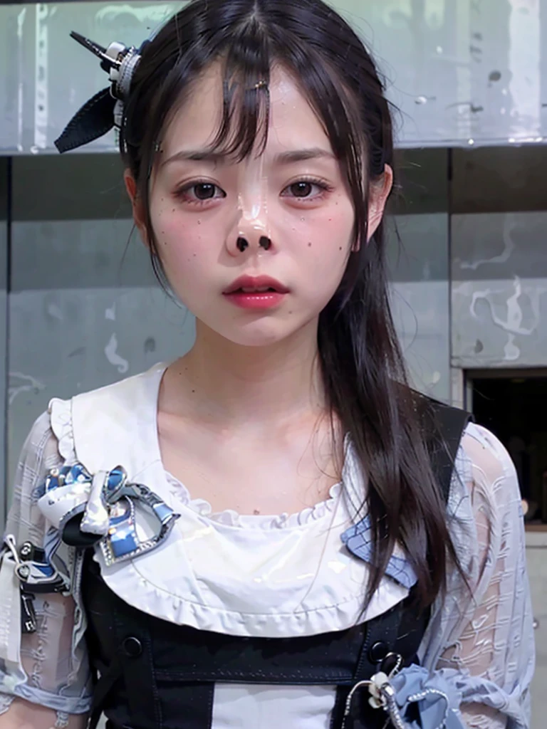(realistic, photo realistic:1.37), incredibly absurd, (Extremely detailed:1.3), 8K, (masterpiece), (highest quality:1.4), (ultra high resolution:1.2), (RAW photo:1.2), (unity 8K wallpaper), So cute, (bishojo:1.35), (:1.4), ((alice and the pirate fashion)), (Beautiful black dress with delicate details), blue rose hair accessories, ((Laced boots)),garter stockings, A delicate and beautiful face, eyes, and skin, dense black shiny hair, (crying at the camera),((Tears running down her cheeks)),(upward glance), (metal nose hook), See the village and lake, super detailed background, professional lighting