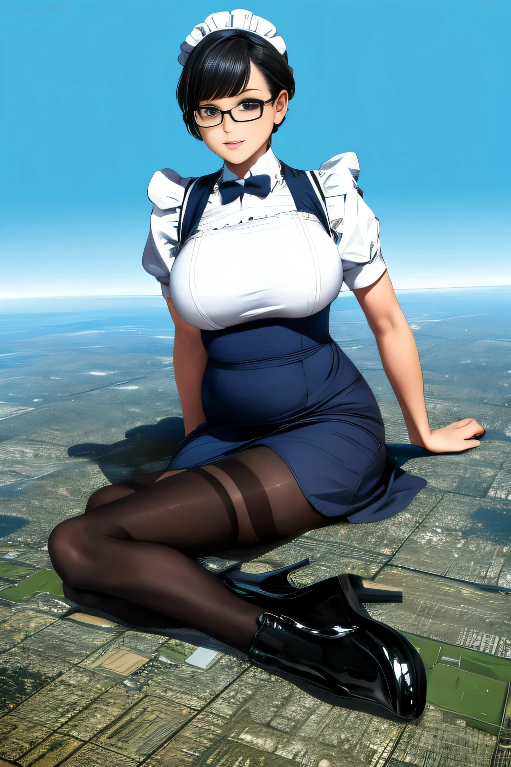 Giantの芸術, 非常に詳細なGiantショット, Giant, short hair, black pantyhose, A maid that is much bigger than a skyscraper, wearing rimless glasses, big breasts, big ass, navy maid uniform, black pantyhose, black shoes, very small metropolis, miniature metropolis, full body description, GTS, ギガGiant, Stomping City, crash city, Small town, micro city, maid,