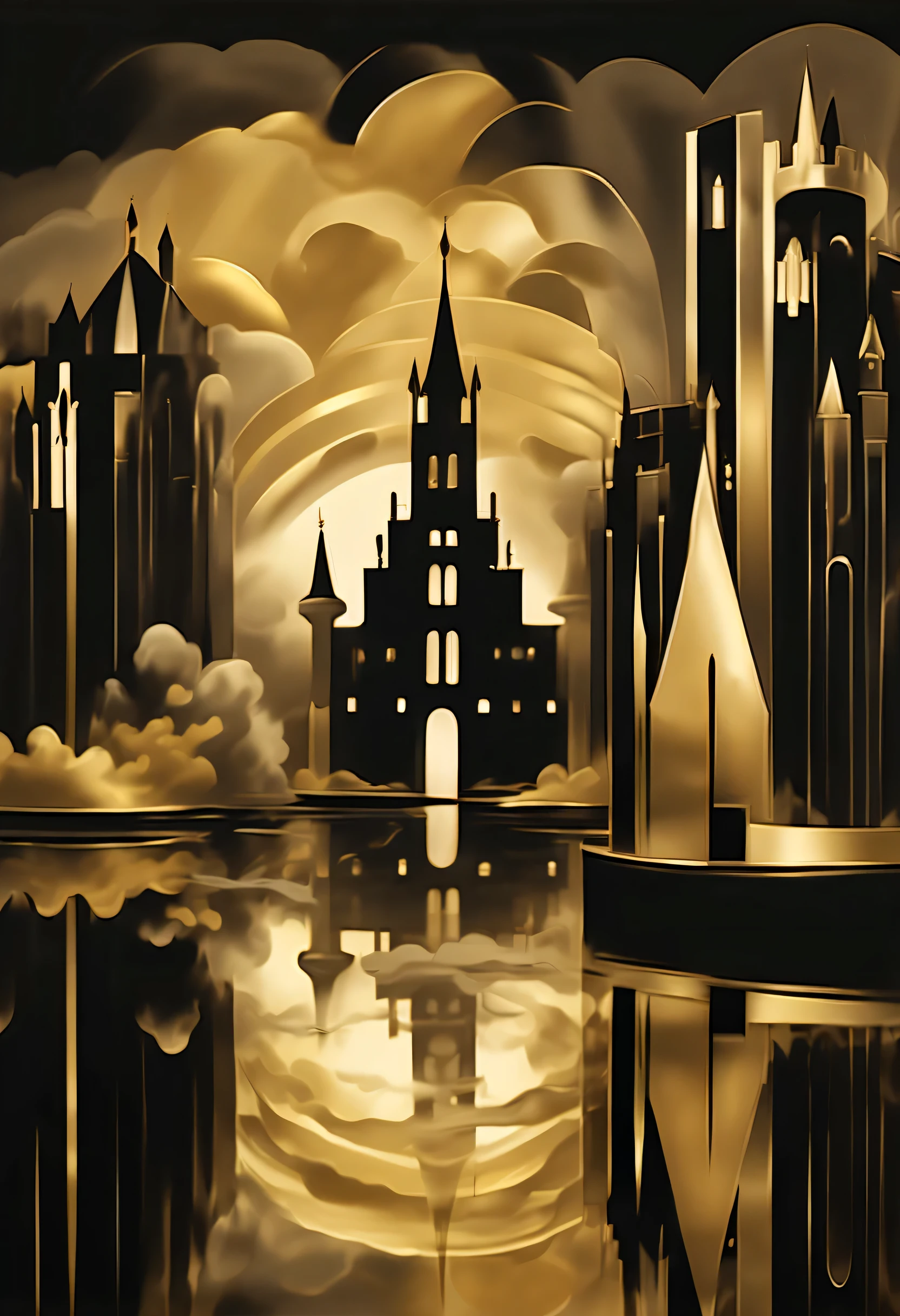 Art Deco style of Tonalism and Expressionism, gold and black, Fine brush strokes, flash, cloud, city, Iris, Silver and Gold, black and white, recollection matrix, Fine brush strokes, back glow, pale palette, high contrast, high quality, intricate details, A breathtaking masterpiece, art deco topographic map, surrealism, Captivating quality,