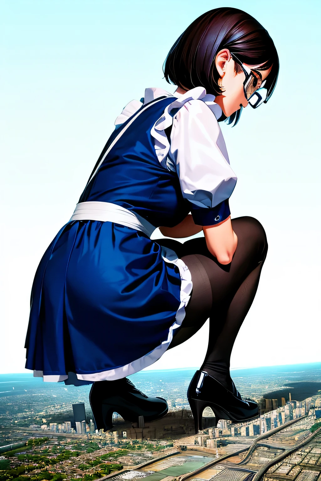 Giantの芸術, 非常に詳細なGiantショット, Giant, short hair, A maid that is much bigger than a skyscraper, wearing rimless glasses, big breasts, big ass, navy maid uniform, black pantyhose, black shoes, very small metropolis, miniature metropolis, squatting and urinating, full body description, GTS, ギガGiant, Stomping City, crash city, Small town, micro city, maid, Pee,