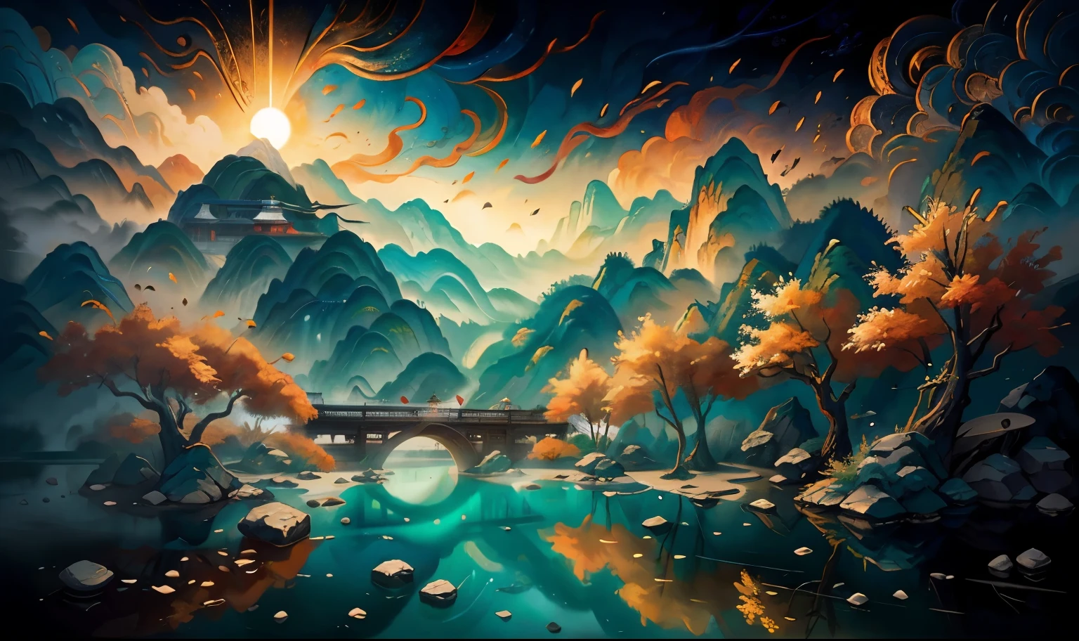 Chinese scenery, Mountain, river, Xiangyun, Sunlight, masterpiece, Super details, epic work, ultra high definition, high quality, Very detailed, official art, unified 8k wallpaper, Super details, 32k -- v 6