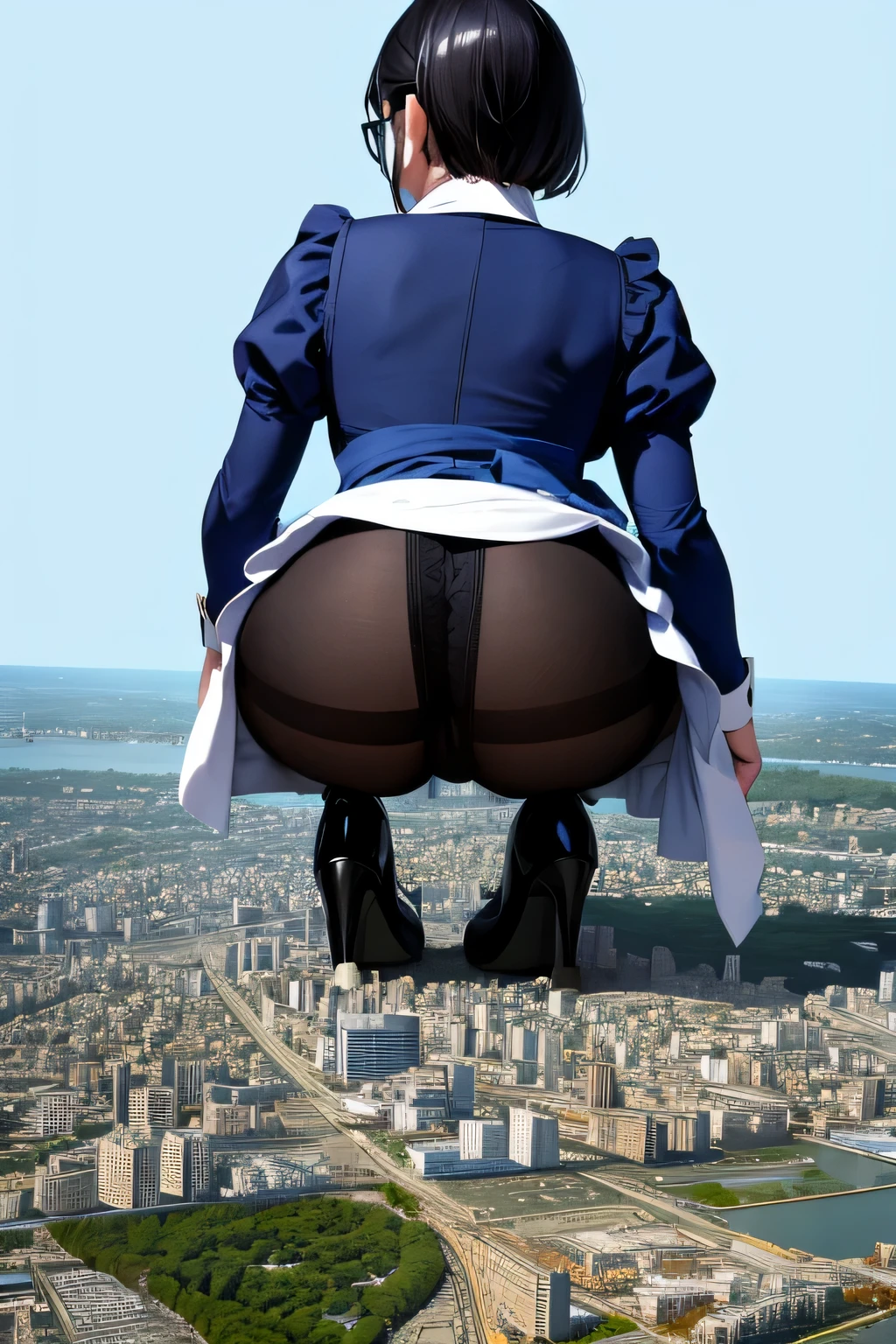 Giantの芸術, 非常に詳細なGiantショット, Giant, short hair, A maid that is much bigger than a skyscraper, wearing rimless glasses, big breasts, big ass, navy maid uniform, black pantyhose, black shoes, very small metropolis, miniature metropolis, squatting and urinating, full body description, GTS, ギガGiant, Stomping City, crash city, Small town, micro city, maid, Pee,