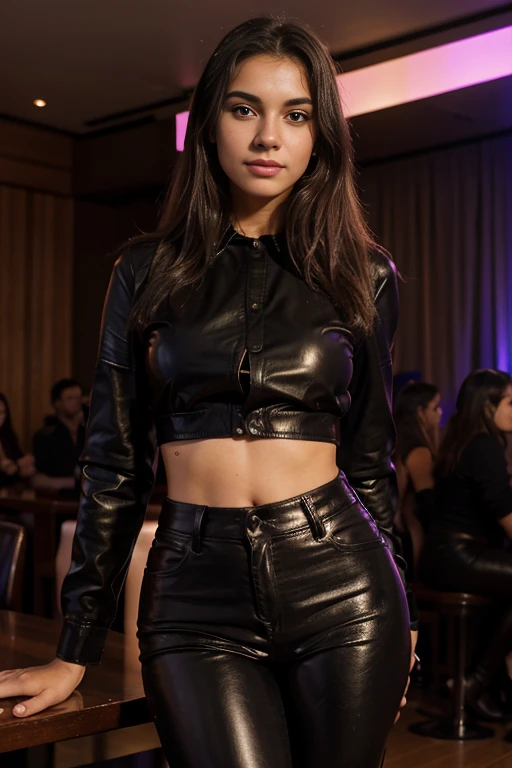 Beautiful punk girl, slender body, mohawk on her head, rock star, on the rock stage, biker jacket, nude breast, black thongs, dancing on stage, spotlights, (looks at the viewer)