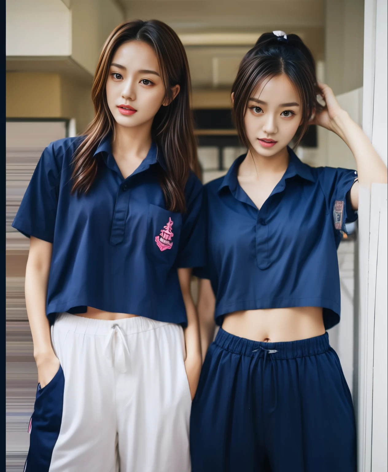 2 girls in the piano room, Navy blue short-sleeved shirt,Navy Long Trackpant,Sweatpants, Sweatpantsขายาว, lying in bed., หญิงรักhave sex, coax, Sexual arousal, Realistic poses, exercise clothes, exercise clothes, have sex