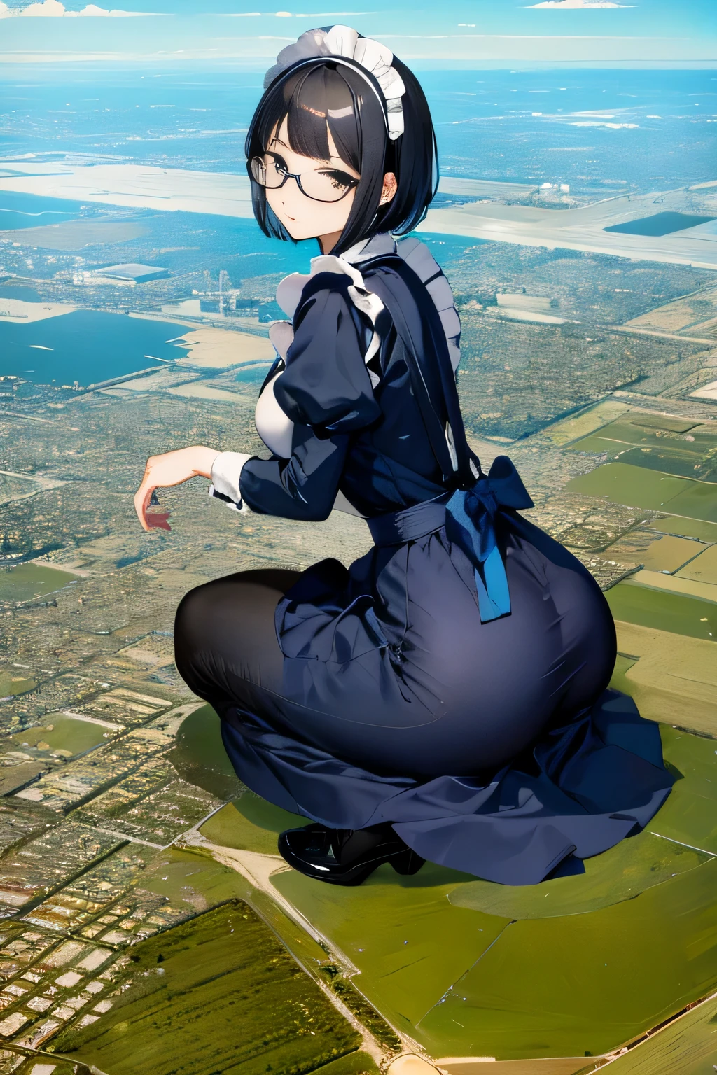 Giantの芸術, 非常に詳細なGiantショット, Giant, short hair, A maid that is much bigger than a skyscraper, wearing rimless glasses, big breasts, big ass, navy maid uniform, black pantyhose, black shoes, very small metropolis, miniature metropolis, squatting and urinating, full body description, GTS, ギガGiant, Stomping City, crash city, Small town, micro city, maid, Pee,