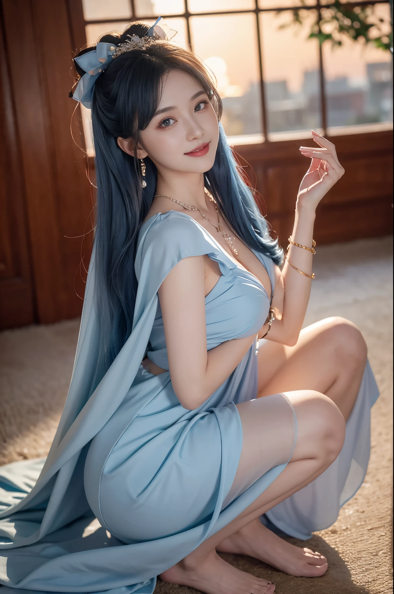 8k, masterpiece, RAW photo, best quality, photorealistic, extremely detailed CG unity 8k wallpaper, Depth of field, Cinematic Light, Lens Flare, Ray tracing, (extremely beautiful face, beautiful lips, beautiful eyes), intricate detail face, ((ultra detailed skin)) , pretty asian girl, ((looking at viewer)),(big smile), (blurry background), midnight, (pretty girl), earrings, bracelets, necklace, clear eyes, (pale skin), face forward, (big eyes), (looking at viewer), large breasts ,((smile)),, cityscape, blue eyes, sparkling dress, , mini dress, very short red dress, open breast, veranda, very slim, (medium butt), see through dress, thick thighs, open breast
1 girl，hoody，fur cape，Blue hair，ssmile，Lolita costume，Extra-long hair，Red bow hair ornament，Squat and sit，The content is very detailed,center frame,Focus sharp,城市，natta，Snow resort，Blizzarding，luring，8K，tmasterpiece，winning artwork，
