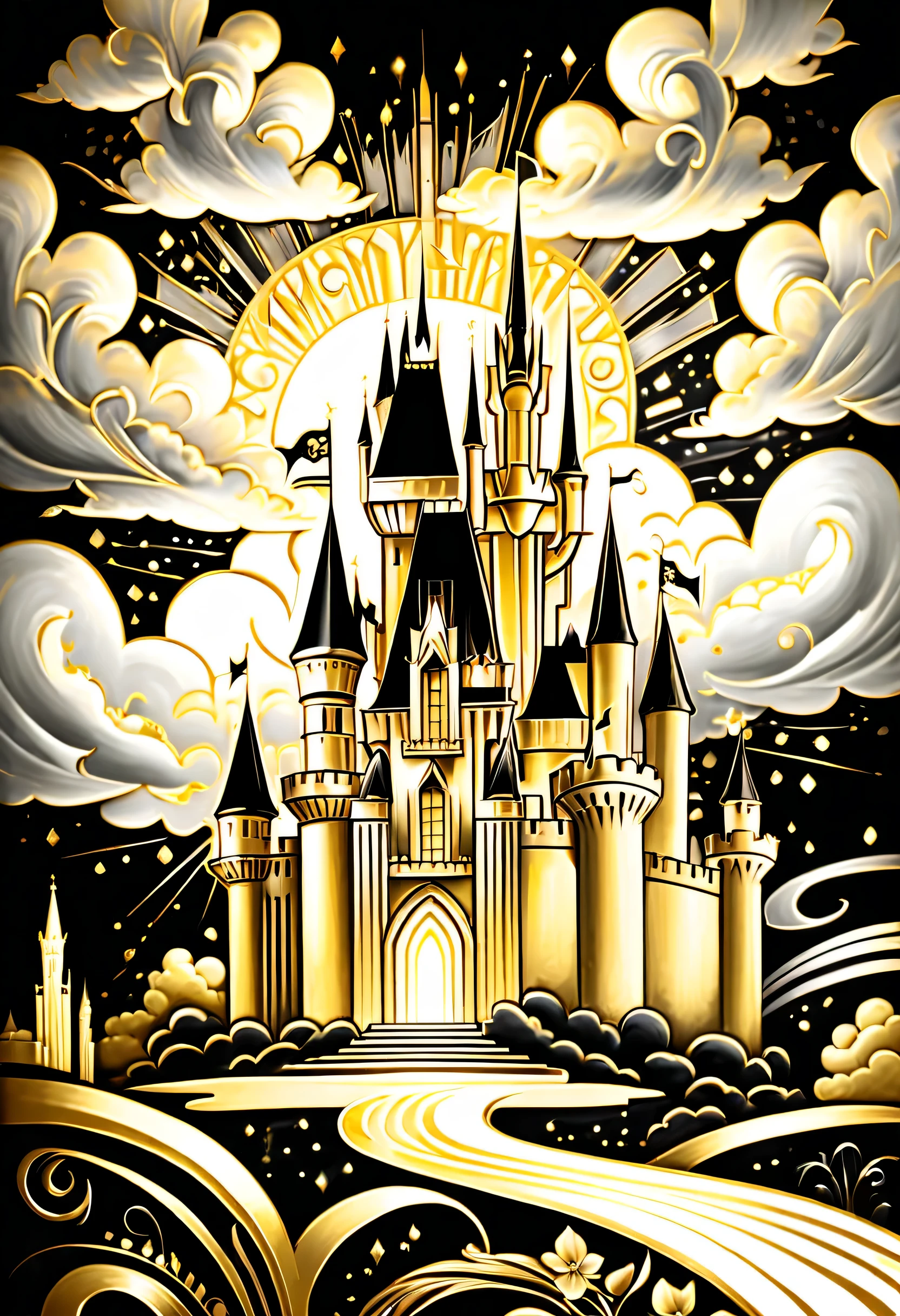 art deco, gold and black, Fine brush strokes, flash, cloud, city, Iris, Silver and Gold, black and white, recollection matrix, Fine brush strokes, back glow, pale palette, high contrast, high quality, intricate details, A breathtaking masterpiece, Nietzcheism of art deco,