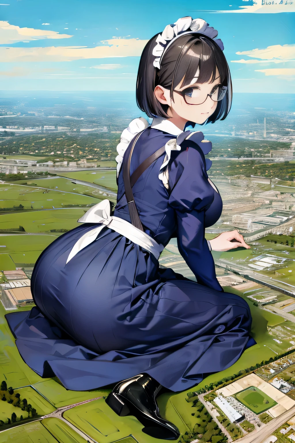 giantess art, 非常に詳細なGiantショット, Giant, short hair, black pantyhose, A maid that is much bigger than a skyscraper, wearing rimless glasses, big breasts, big butt, navy maid uniform, black pantyhose, black shoes, very small metropolis, miniature metropolis, full body description, gts, giga giantess, stomping city, crash city, tiny city, micro city, maid, a plan of a city,