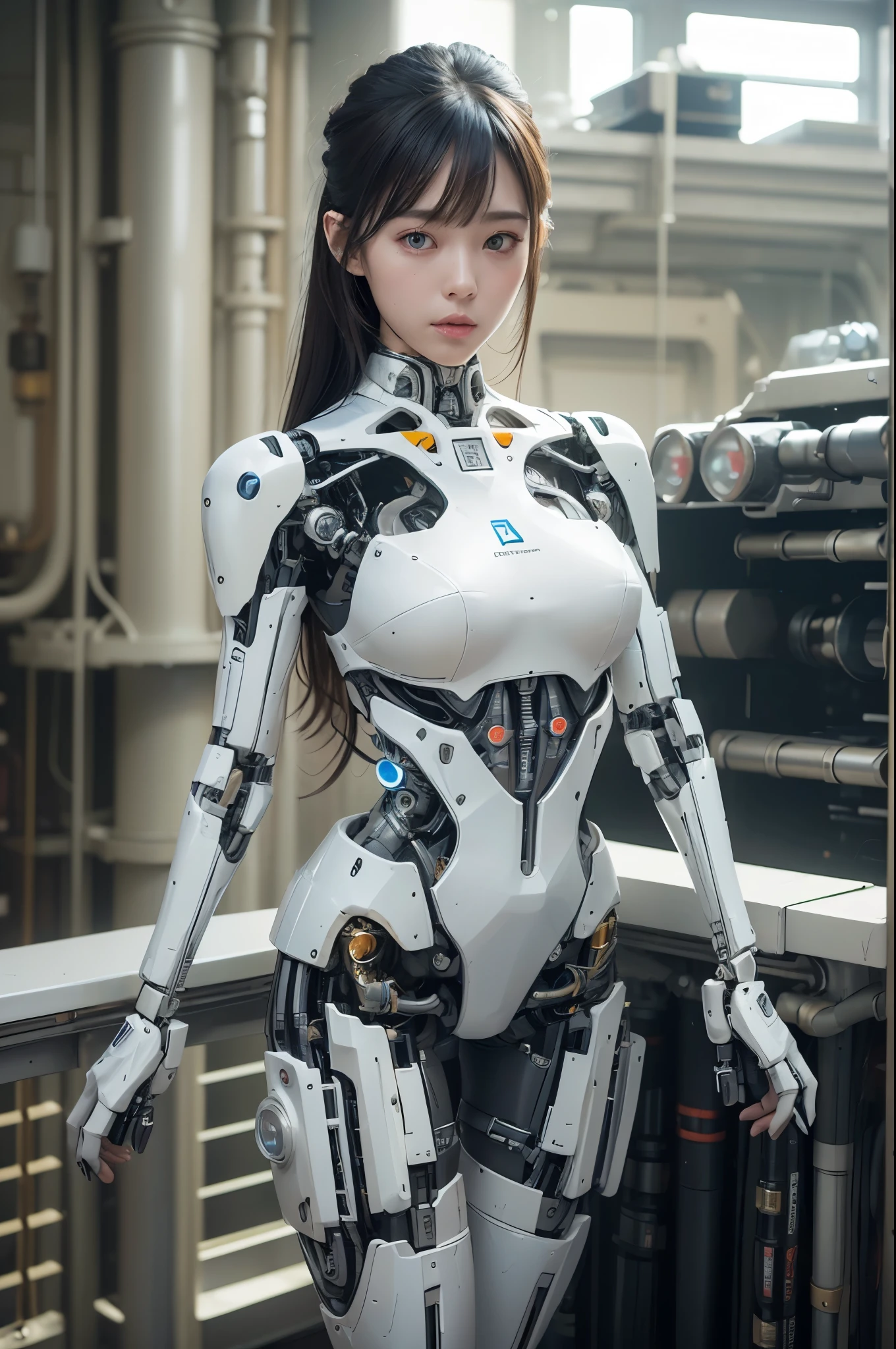 (Photorealistic:1.4), (Raw photo)masutepiece, Best Quality, Extremely detailed, (Photorealistic:1.4), (8K, 4K, Best Quality, hight resolution, 超A high resolution:1.1), 8K Portrait,1girl in, Japanese android gid,Plump , announcer,control panels,android,Droid,Mechanical Hand, ,Robot arms and legs, Black hair,Mechanical body,Blunt bangs,White Robotics Parts,perfect robot woman,Charging spot,Long Tube,A thick cable was connected to his neck.,ceramic body ,Mechanical body, mechanical ear covers,android,robot humanoid,a bit  Chubby,pantiy,complete eyes,Perfect machine body,White robot body,The laboratory of the future,android factory,mechanical ear covers,White and light blue uniform,light blue accent costume,