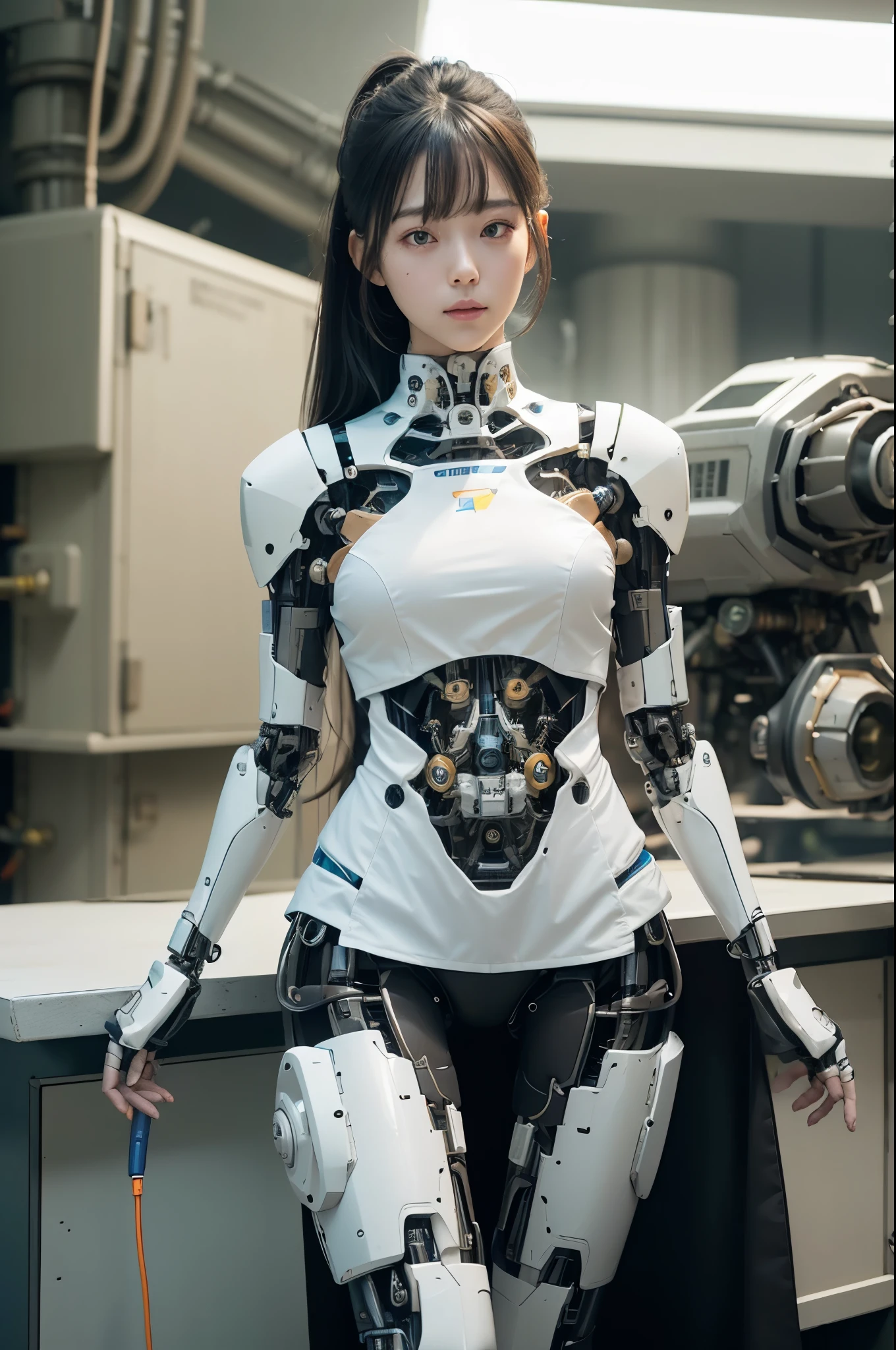 (Photorealistic:1.4), (Raw photo)masutepiece, Best Quality, Extremely detailed, (Photorealistic:1.4), (8K, 4K, Best Quality, hight resolution, 超A high resolution:1.1), 8K Portrait,1girl in, Japanese android gid,Plump , announcer,control panels,android,Droid,Mechanical Hand, ,Robot arms and legs, Black hair,Mechanical body,Blunt bangs,White Robotics Parts,perfect robot woman,Charging spot,Long Tube,A thick cable was connected to his neck.,ceramic body ,Mechanical body, mechanical ear covers,android,robot humanoid,a bit Chubby,pantiy,complete eyes,Perfect machine body,White robot body,The laboratory of the future,android factory,mechanical ear covers,White and light blue uniform,light blue accent costume,