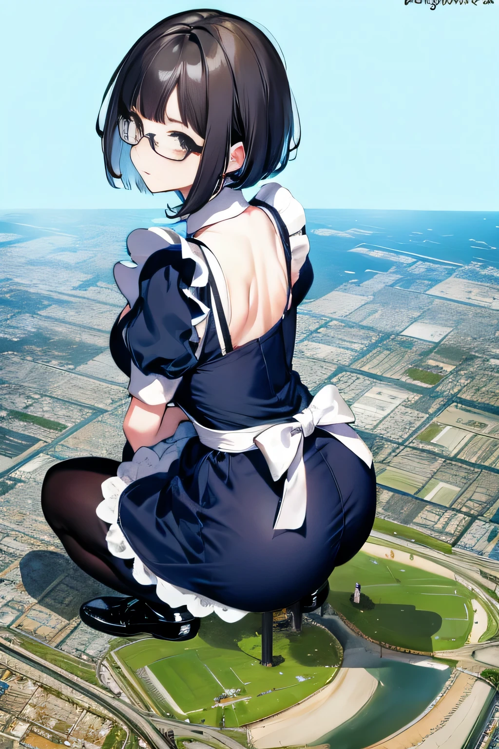 Giantの芸術, 非常に詳細なGiantショット, Giant, short hair, A maid that is much bigger than a skyscraper, wearing rimless glasses, big breasts, big ass, navy maid uniform, black pantyhose, black shoes, very small metropolis, miniature metropolis, squatting and urinating, full body description, GTS, ギガGiant, Stomping City, crash city, Small town, micro city, maid, Pee,