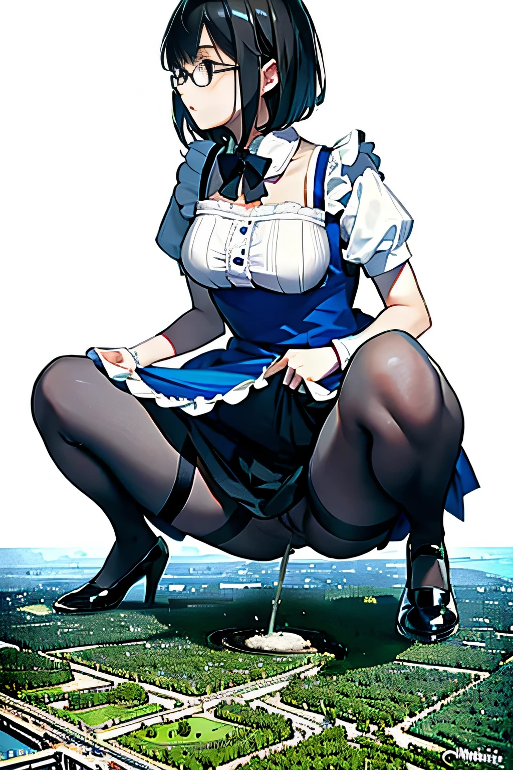 Giantの芸術, 非常に詳細なGiantショット, Giant, short hair, A maid that is much bigger than a skyscraper, wearing rimless glasses, big breasts, big ass, navy maid uniform, black pantyhose, black shoes, very small metropolis, miniature metropolis, squatting and urinating, full body description, GTS, ギガGiant, Stomping City, crash city, Small town, micro city, maid, Pee,