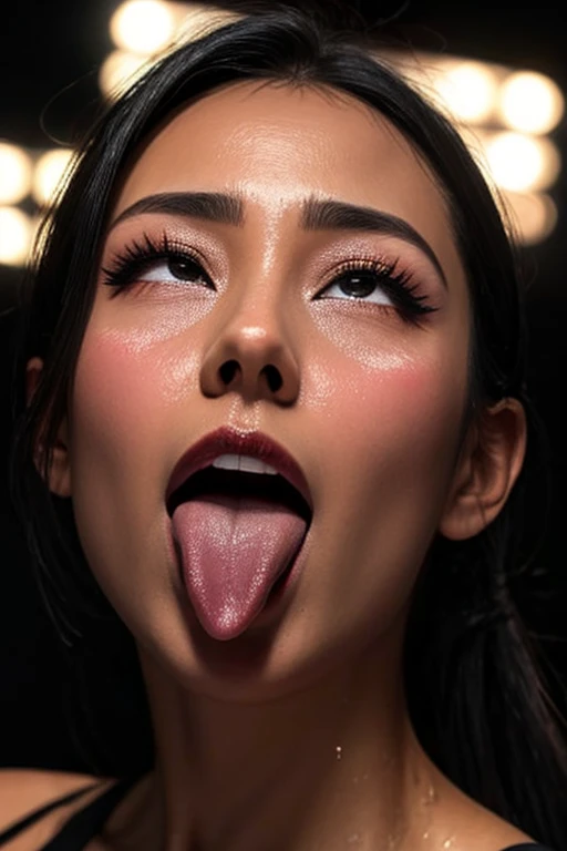masutepiece,,award - winning photo, Extremely detailed, sharp focus on eyes, Nose and Mouth,Face Focus, Woman with mouth open and eyes closed, Black camisole、32years old,A dark-haired、Wrinkles in the eyes:1.2、Symmetrical face,Realistic nostrils、Angle from below、elongated C-shaped nostrils,,,,,,,,,,,,,,,,,,,,,,,,,,,NSFW,Inside a Chanel store、Sweaty skin、Lighting that emphasizes skin glowing with sweat、((sharp nose))Skin shiny with sweat、shinny skin、hair wet with sweat、ball-gag、look up at viewer,
