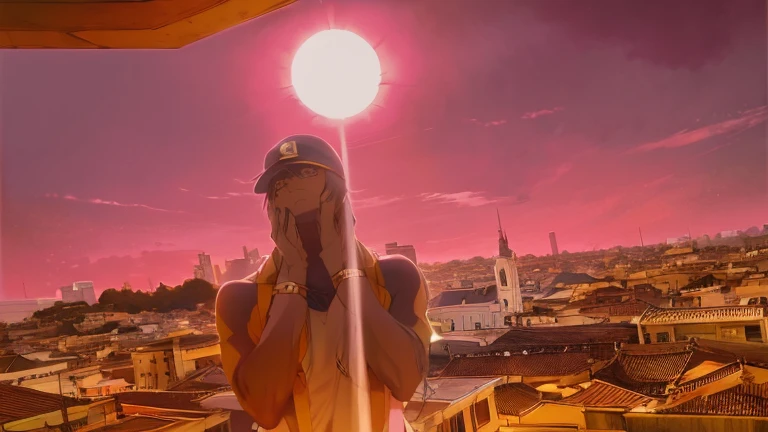 crie um personagem de anime, drawn like manga, desenhado igual anime, garoto, negro, with cap on head, cap covering the head, cidade futurista de fundo, heaven pink, ceis roxo