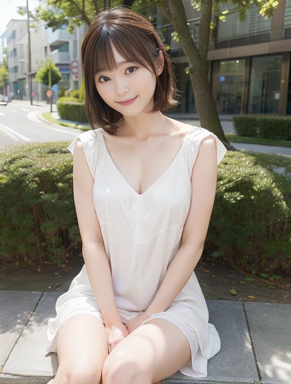 Realistic pictures of cute girls、A smile、White blouses、a miniskirt、Panchira、Bokeh