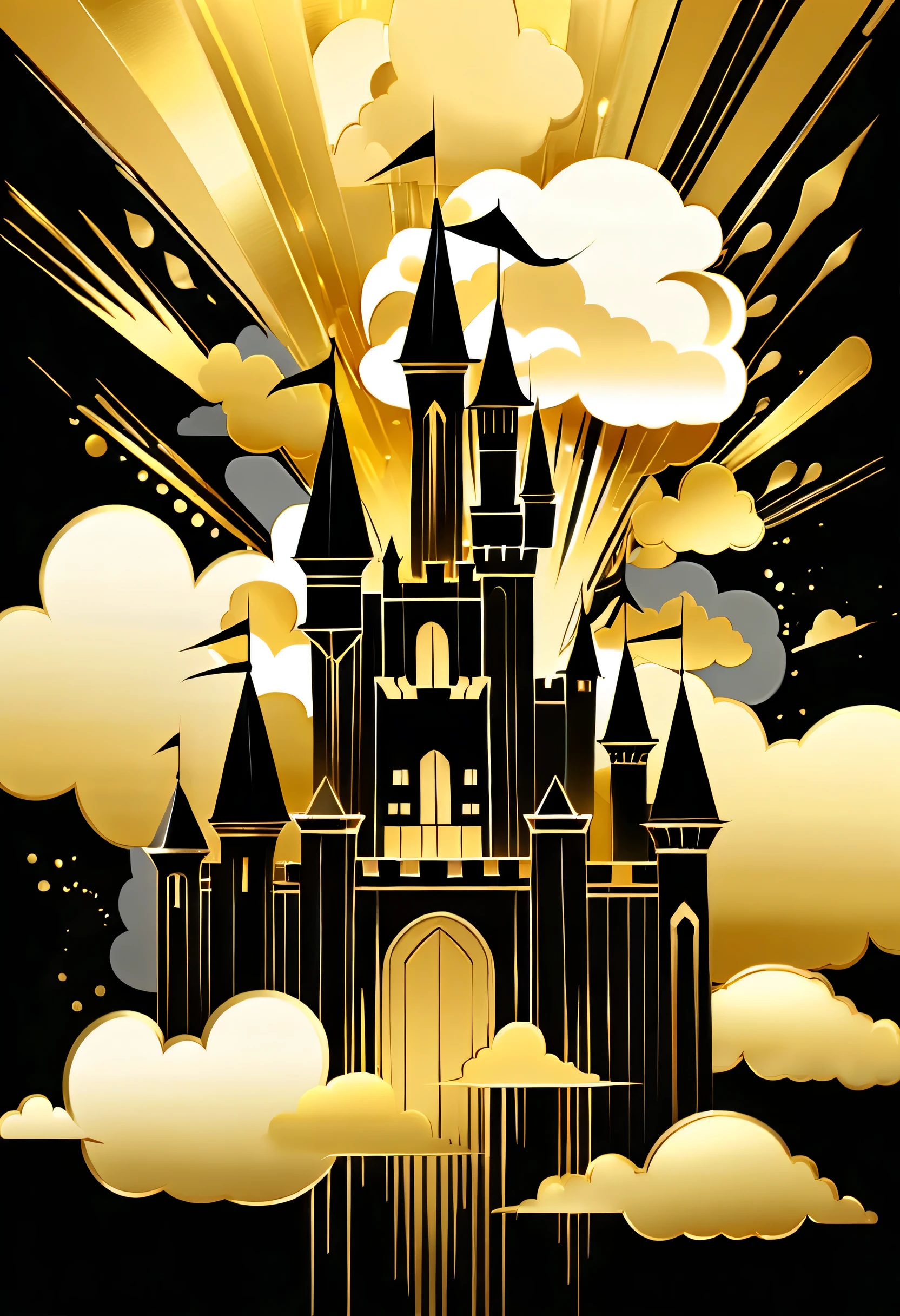 art deco, gold and black, Fine brush strokes, flash, cloud, city,