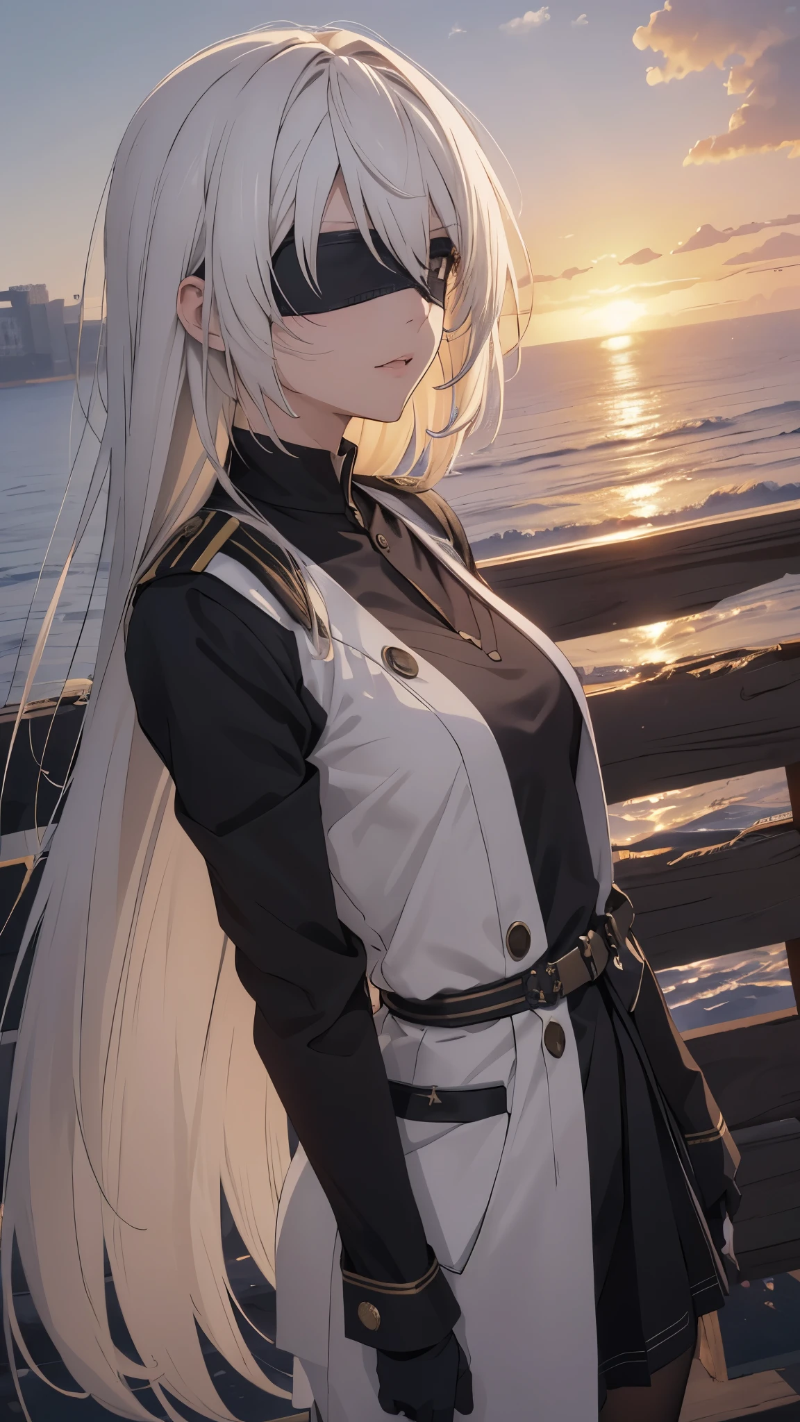 The Perfect Girl, perfect details, Ultra HD |, 8K, Professional photo(extremely detailed CG unity 8k wallpaper), (masterpiece), (best quality), (ultra-detailed), (best illustration), (best shadow), (absurdres), 2b, 1girl, long hair, normal size , white hair, blindfold solo, Intimidating women, admiral uniform, night, hero pose, white clothes, General Uniform, Military Uniform, Dawn, exposed to sunlight, commander, black clothes, sunkissed, sunset background