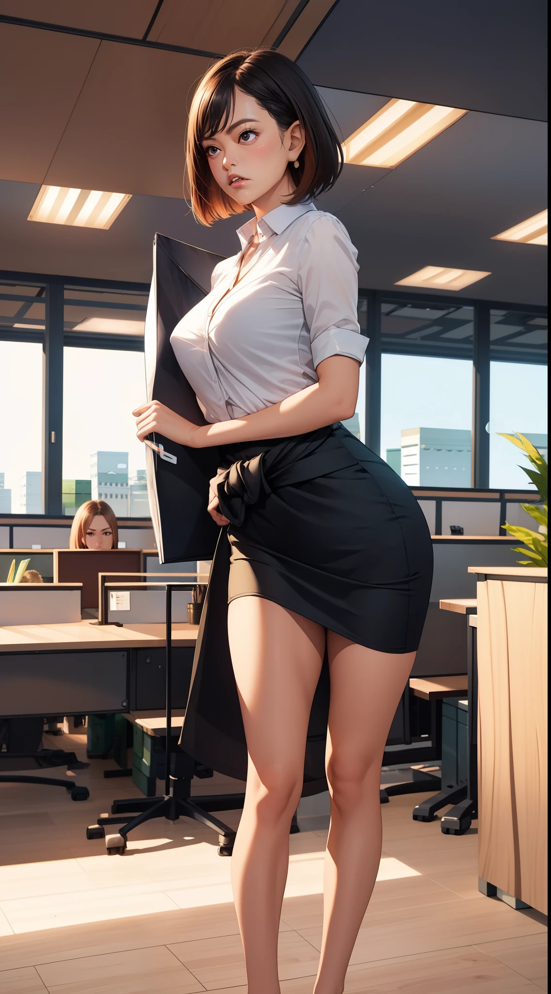 Masterpiece, Excellent, (Office: 1.8), CG drawing with super high detail, standing, 1 royal sister, angry, a woman with short tan hair, layered dress, hands crossed at waist, facing the audience, illustration, wide angle panorama
