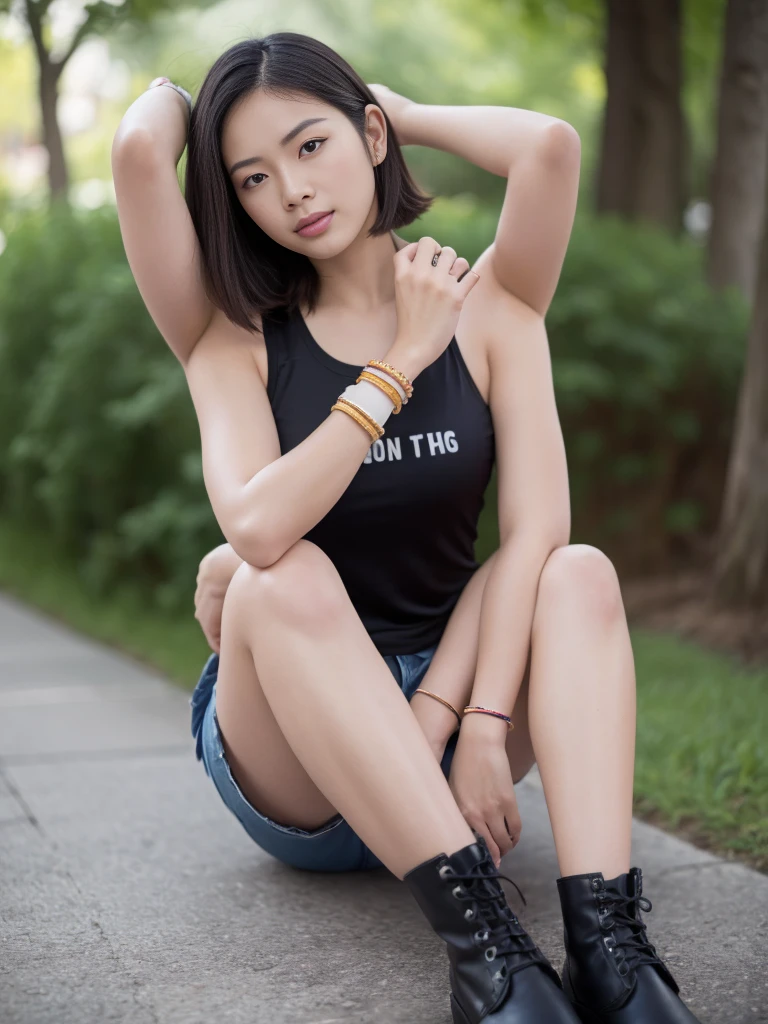 Dslr photo, (extraarms:1.2), (8k, 4k, masterpiece),beautiful pretty filipina asian woman, punk, outdoors, street, sleeveless black cropped shirt, short dark hair, bracelets, arm bands, blurry background, (upper hands on head), (lower hands on ankles), (lower hands on legs), boots, full subject in frame, full body view, sitting on bench, facing viewer, (extraarms:1.2), (four arms), slim body