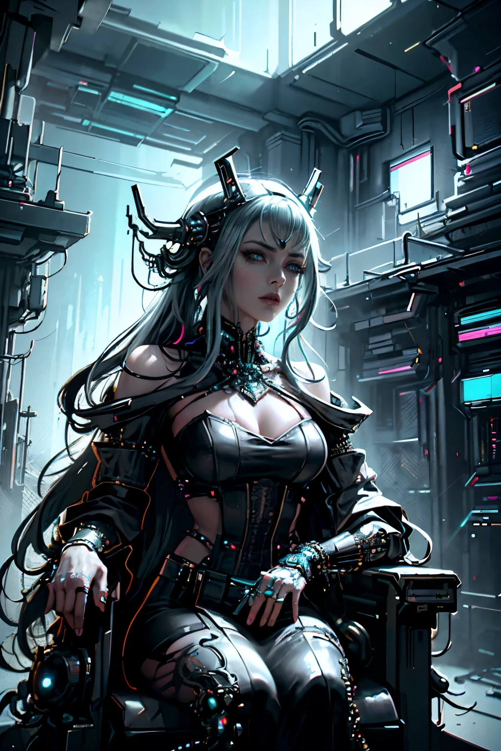 A woman clad in cybergothic attire proudly wears a towering headpiece, adorned with glowing neon accents and intricate mechanical design elements. her large, expressive eyes convey a sense of wisdom and power, further emphasized by her regal posture. this beautiful cyberpunk samurai is a portrait of strength and resilience in a world of advanced digital aesthetics.
A cyborg queen sits thronely, her metallic features gleaming in the dimly lit, futuristic chamber. her ornate, flowing robes are a mesmerizing fusion of cyberpunk technology and rococo elegance, creating an otherworldly contrast. the