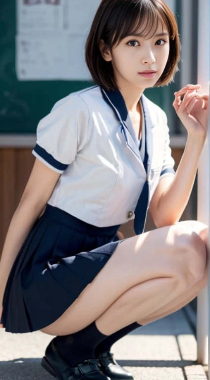 Photorealistic beautiful female student、18-year-old、amazingly beautiful、beautiful body、(highest quality、8K、32K、masterpiece、nffsw:1.3)、ultra high resolution,(Photoreal:1.4),RAW photo, detailed face,,beautiful hair, ((Doctor Style)), ,very short hair 、very short hair、amazingly beautiful二重まぶた、beautiful nipples、 natural makeup,, small perfect breasts, wet hair、detailed background, perfect lighting, Depth of written boundary, beautiful shadow gradation、thin limbs、thin thighs、(whole body)、、wet body、(Japan School Classroom、blackboard)、Beautiful and slim perfect body、Beautiful high nose、Trimmed thin pubic hair、(on all fours)、looking sideways、,((perfect anatomy,nice hands,perfect hands,five fingers connected to the palm,Accurate needle with no discomfort)),perfect bare legs,delicate legs,perfect proportions,Sexy,I can see your chest,((japanese sailor uniform)),((uniform mini skirt)),(tie),black socks,chano leather shoes,Squatting on the classroom floor,I can see my crotch,Show me your panties in the street,both legs are bent,The legs are spread out in an M-shape,,I can see your pants,Delicate thighs when viewed from the front、