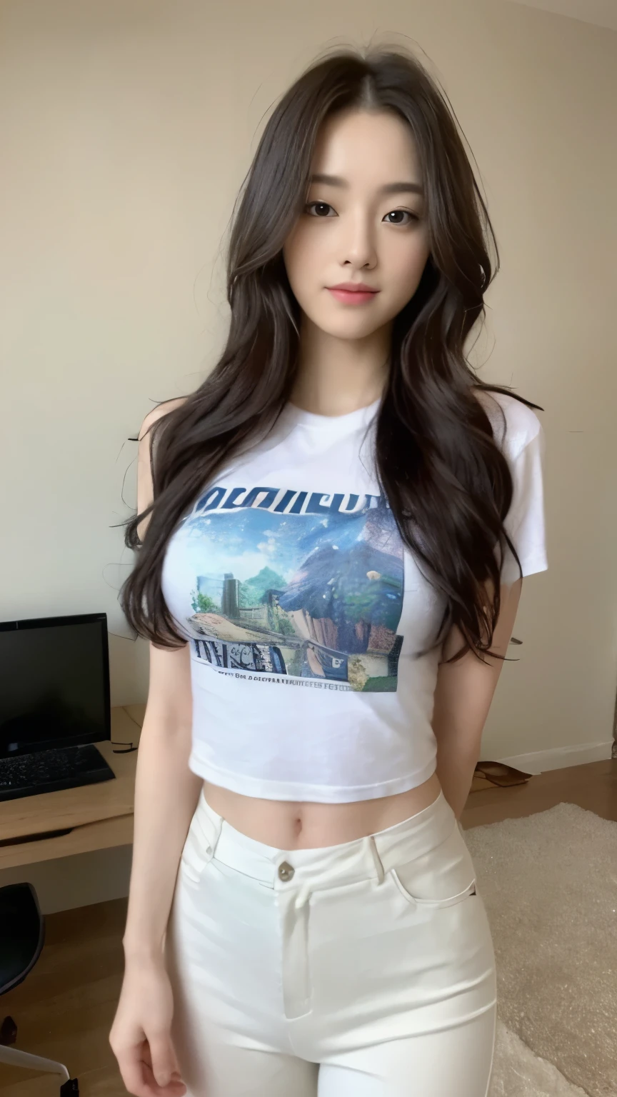 ((top-quality、8k、masterpiece:1.3))、Beautiful woman with perfect body:1.4、slim abdomen:1.2、Longhair, normal breast, Highly detailed facial and skin texture, A detailed eye, (smile), (full body shot), ((computer room)), (standing), (((wearing t-shirt with long pants), looking in front