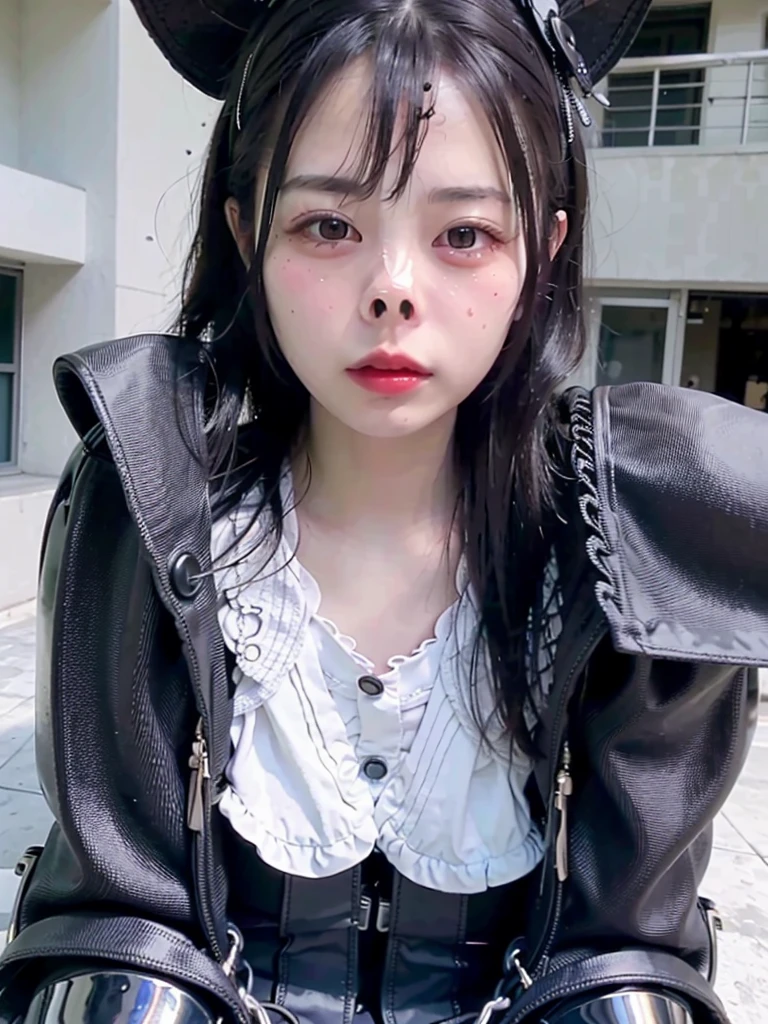 (realistic, photo realistic:1.37), incredibly absurd, (Extremely detailed:1.3), 8K, (masterpiece), (highest quality:1.4), (ultra high resolution:1.2), (RAW photo:1.2), (unity 8K wallpaper),床に跪いている, So cute, (bishojo:1.35), (:1.4), ((alice and the pirate fashion)), (Beautiful black dress with delicate details), blue rose hair accessories, (((Laced boots))),(garter stockings), A delicate and beautiful face, eyes, and skin, dense black shiny hair, (crying at the camera),((Tears running down her cheeks)),(upward glance), (metal nose hook), See the village and lake, super detailed background, professional lighting